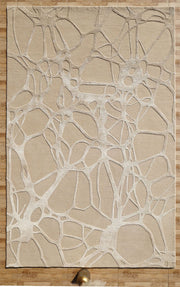 The RAMSHA HOME Natural White Color Handmade Area Rug (HTWV-145, 200x300 cm) features an abstract web-like pattern in light tones, placed on a wooden floor with a round object partly visible at the bottom edge.