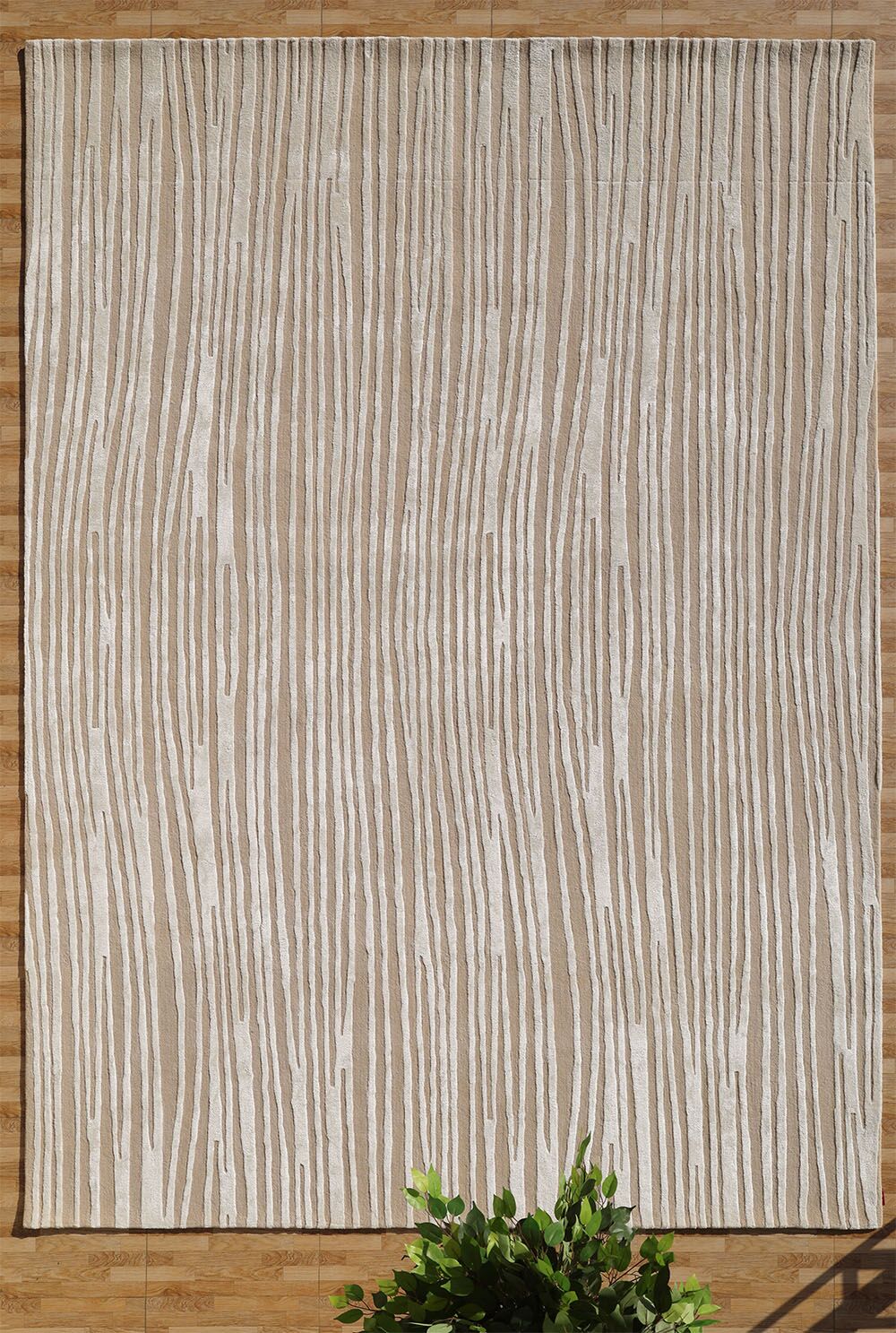 The RAMSHA HOME Natural Color Handmade Area Rug (HTWV-147, 300x400 cm) features a beige and cream wood-grain stripe pattern, shown on a wooden floor with a green leafy plant partially visible at the bottom.
