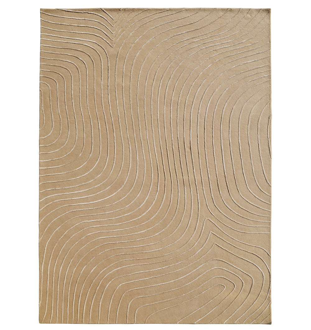 RAMSHA HOME's Beige Color Handmade Decorative Area Rug - HTWV 161 (300x400 cm) features wavy, raised lines in a topographic-inspired pattern, adding subtle texture for a modern neutral look.