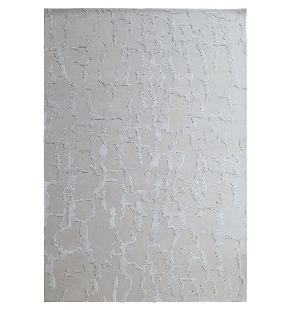 The RAMSHA HOME Handmade Textured Crackle Pattern Leather Rug - HTWV 163 (300x400 cm) features a modern, abstract design with irregular raised lines and shapes in beige tones, creating a subtle textured look.