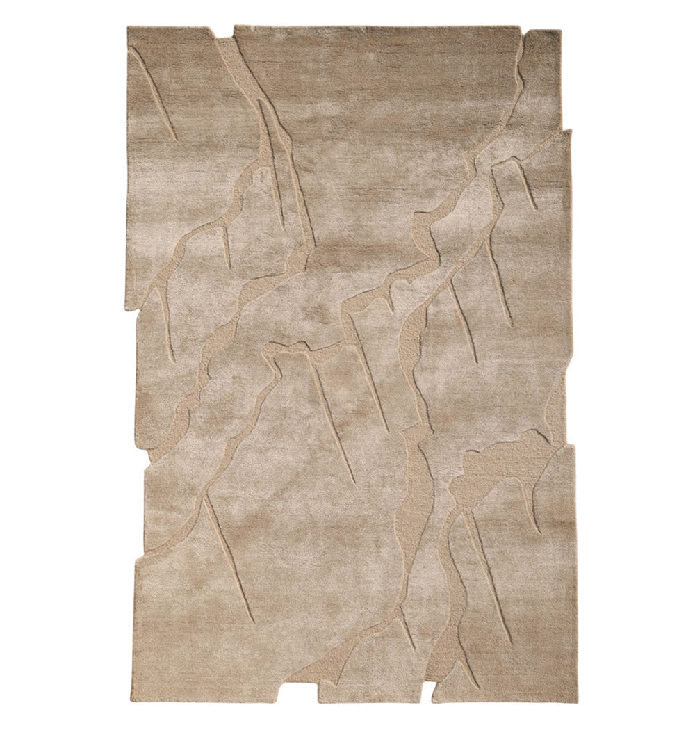 The RAMSHA HOME Modern Viscose & Wool Handmade Carpet 200x300 (HTWV-172) features a beige hue, uneven jagged edges, and raised abstract lines for a striking, contemporary look that adds unique style to any space.