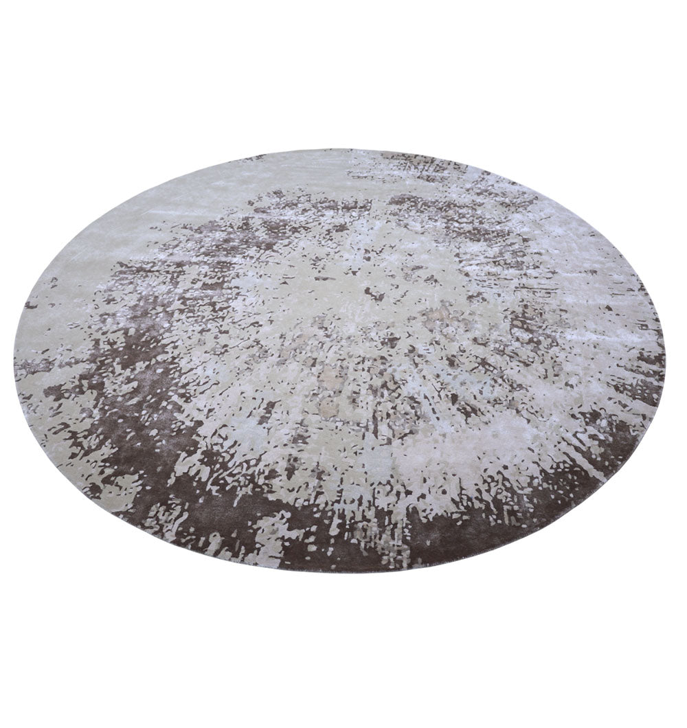 The RAMSHA HOME Round Wool Handmade Carpet 350 cm (HTWV-173) is a hand tufted, grey round rug with abstract beige, brown, and grey splatters in a dynamic sunburst design—ideal for adding style in neutral tones.