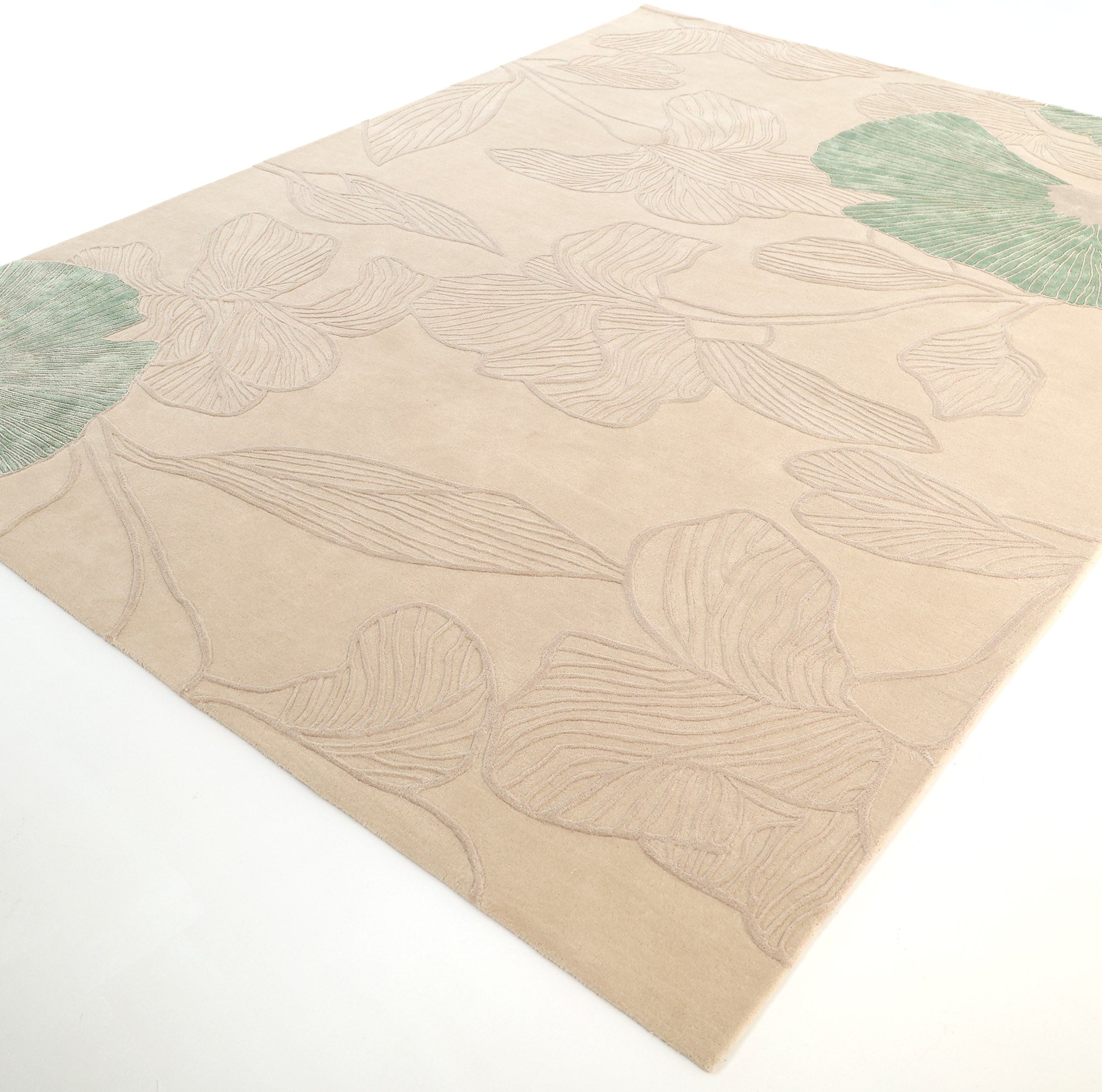 The RAMSHA HOME Floral Handmade Rectangle Rug HTWV-189 features a beige hand-woven design with large outlined leaf patterns in light brown and textured green corners, adding a subtle floral touch to your space. Photographed on a white background.