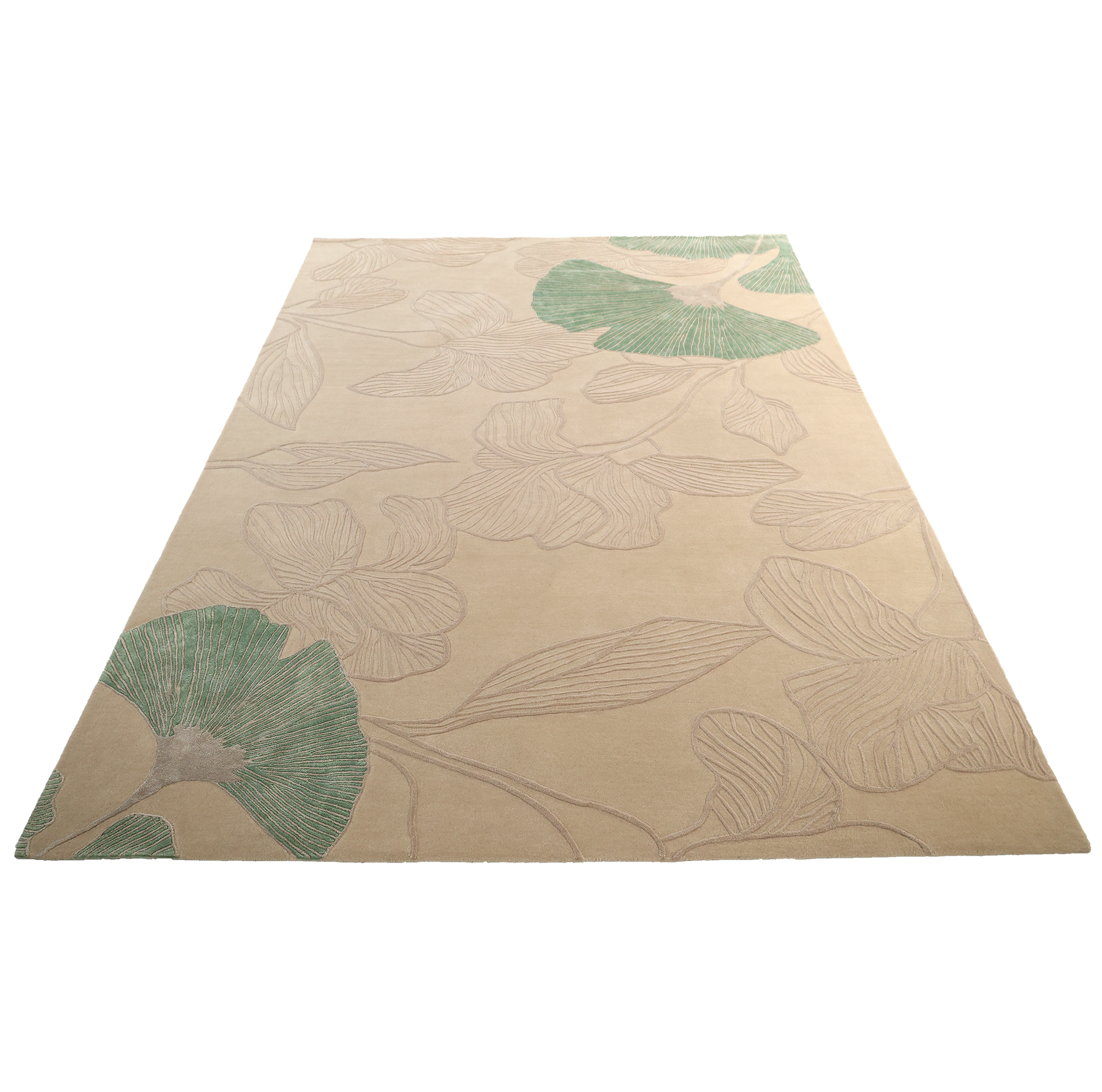 The RAMSHA HOME Floral Handmade Rectangle Rug HTWV-189 features a subtle floral design with two large green leaves at opposite corners, shown angled on a white background. This artisanal piece brings elegance to any space.