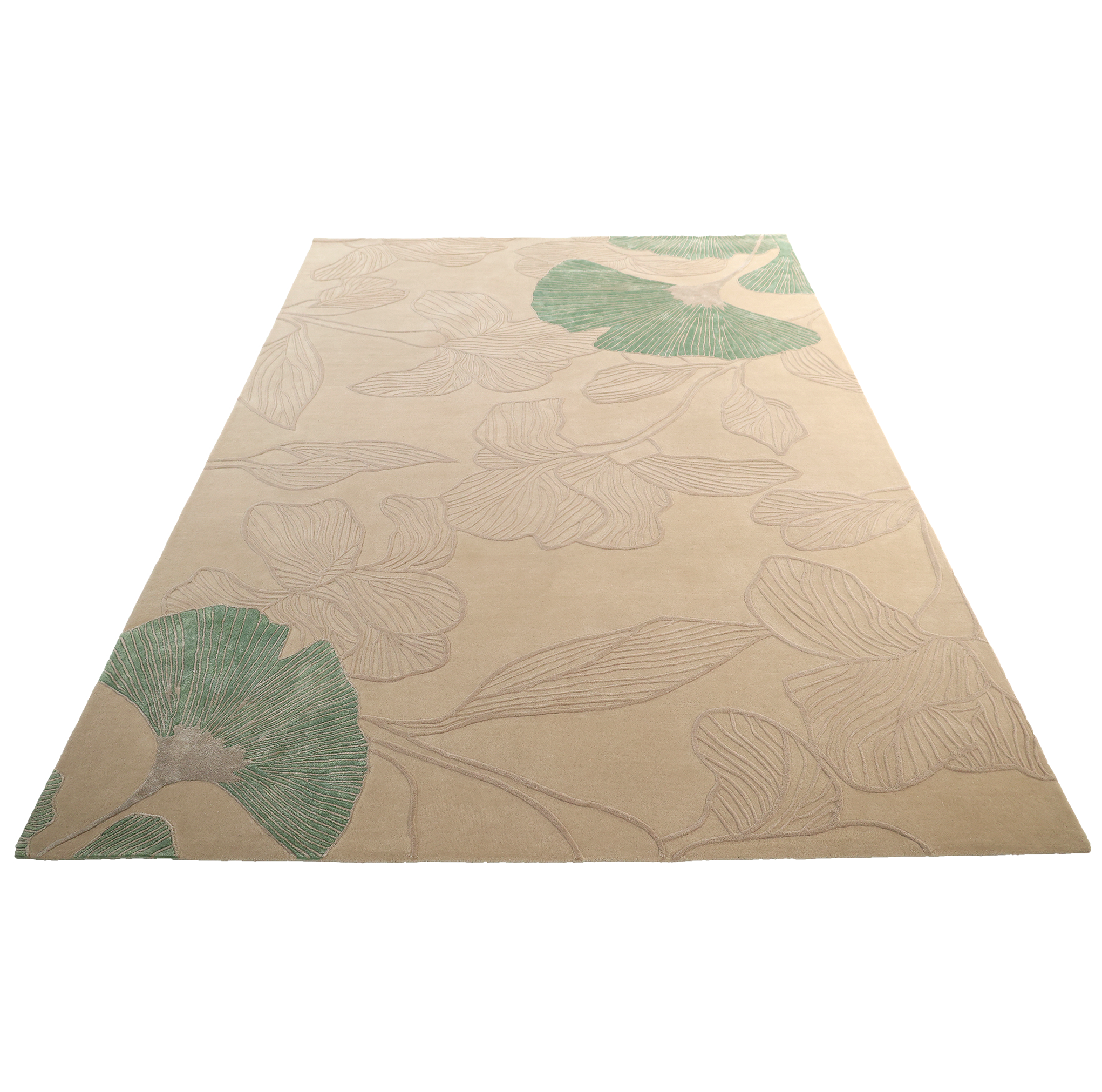 The RAMSHA HOME Floral Handmade Rectangle Rug HTWV-189 features a subtle floral design with two large green leaves at opposite corners, shown angled on a white background. This artisanal piece brings elegance to any space.