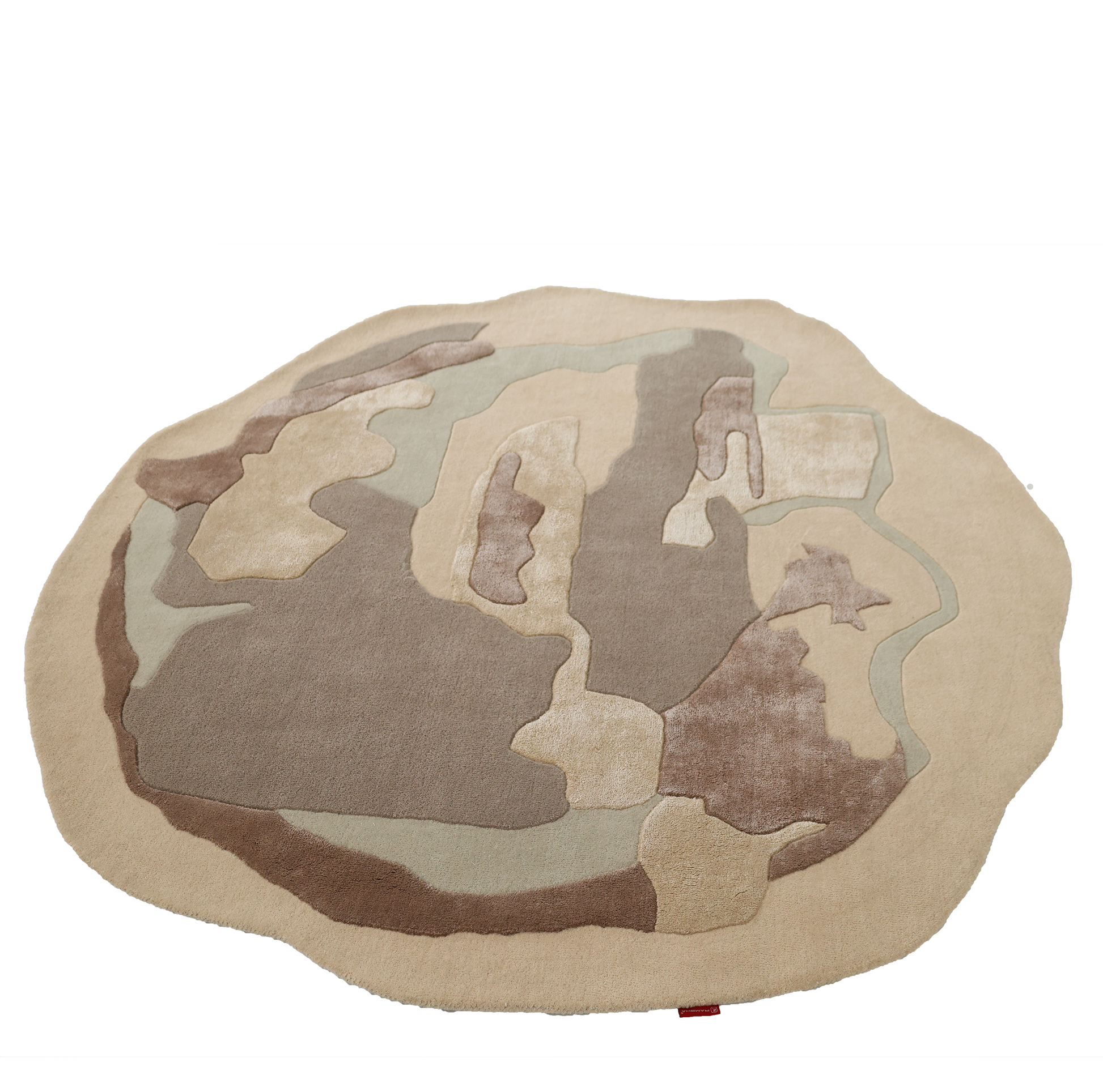 The RAMSHA HOME Round Abstract Shaped Rug (HTWV-193) features a textured contour pattern with layered beige, brown, and green shapes on white—a stylish handmade rug for any space.