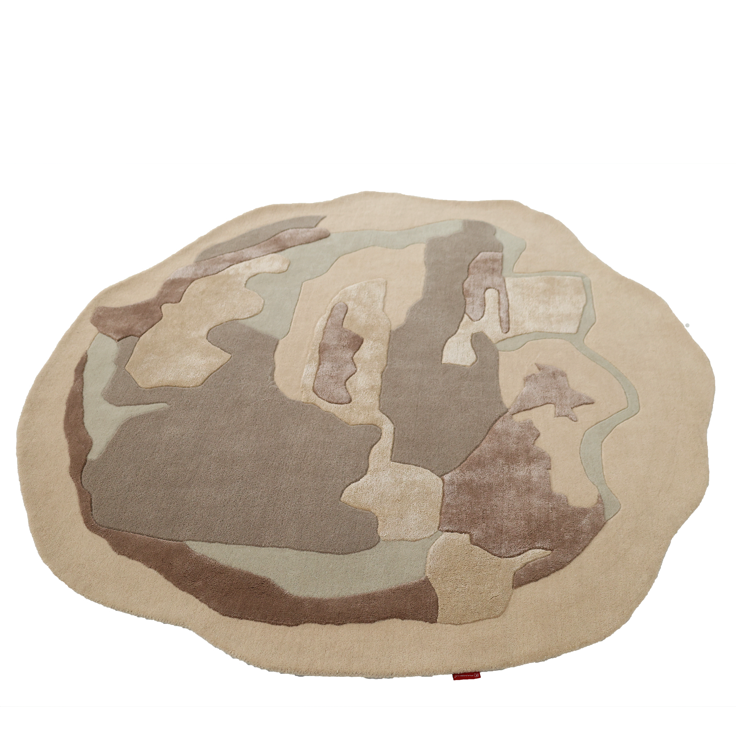 The RAMSHA HOME Round Abstract Shaped Rug (HTWV-193) features a textured contour pattern with layered beige, brown, and green shapes on white—a stylish handmade rug for any space.