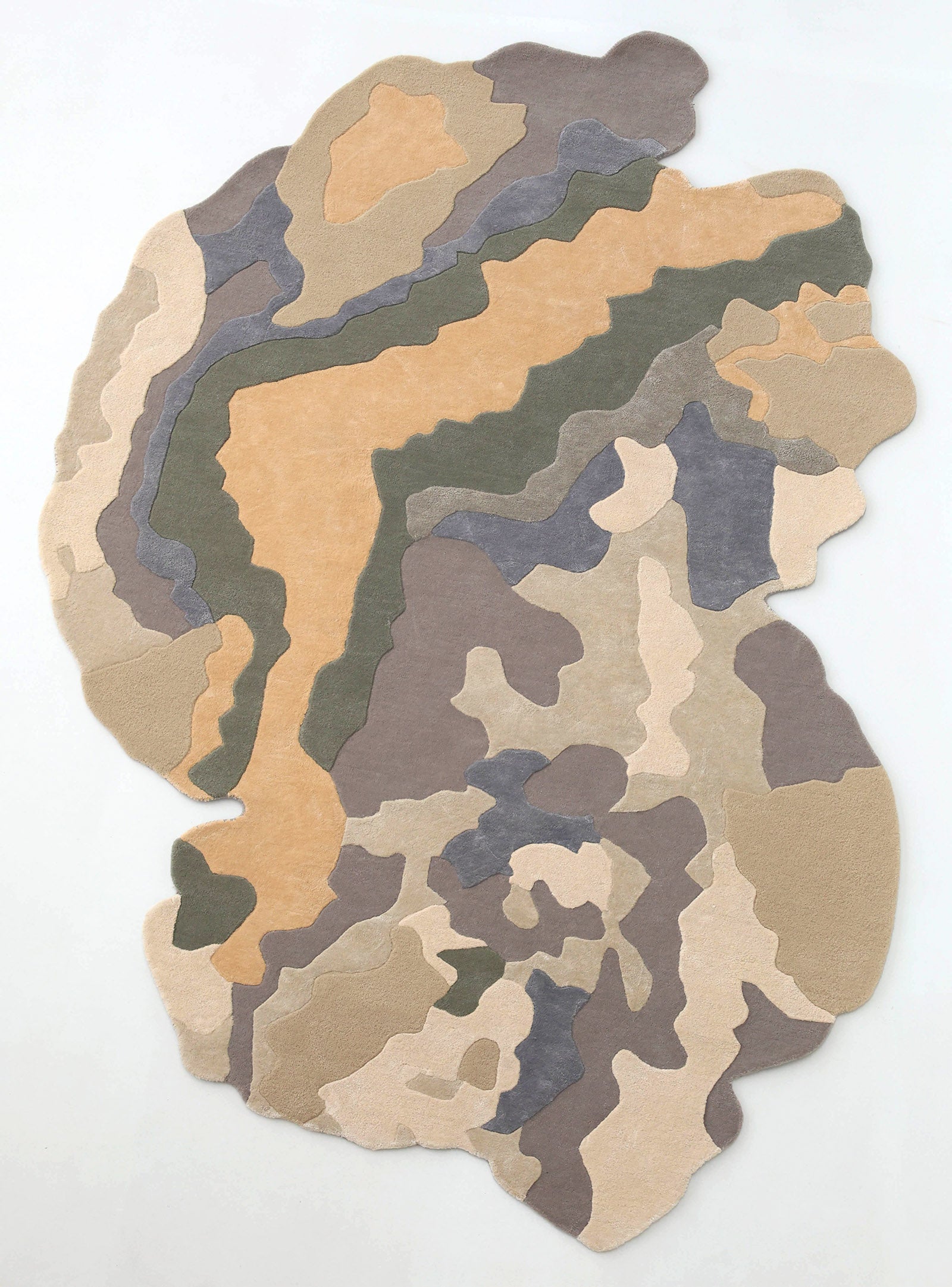 The RAMSHA HOME Contemporary Flow Area Handmade Rug HTWV-199 features an irregular shape and abstract, overlapping patches in beige, tan, brown, olive green, and gray on a white background, evoking a stylish camouflage pattern for modern interiors.