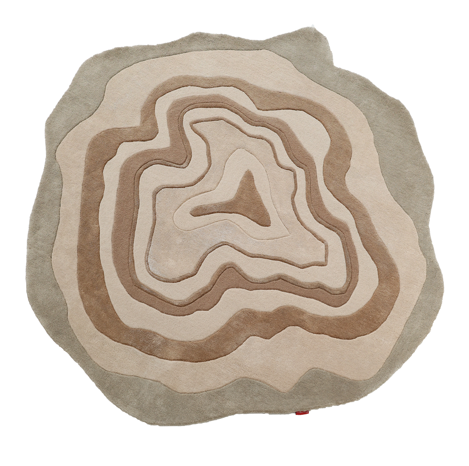 The RAMSHA HOME Designer Freeform Handmade Rug HTWV-200 features layered wavy beige and brown patterns, evoking topographic lines or tree rings—an abstract statement piece ideal for modern interiors.