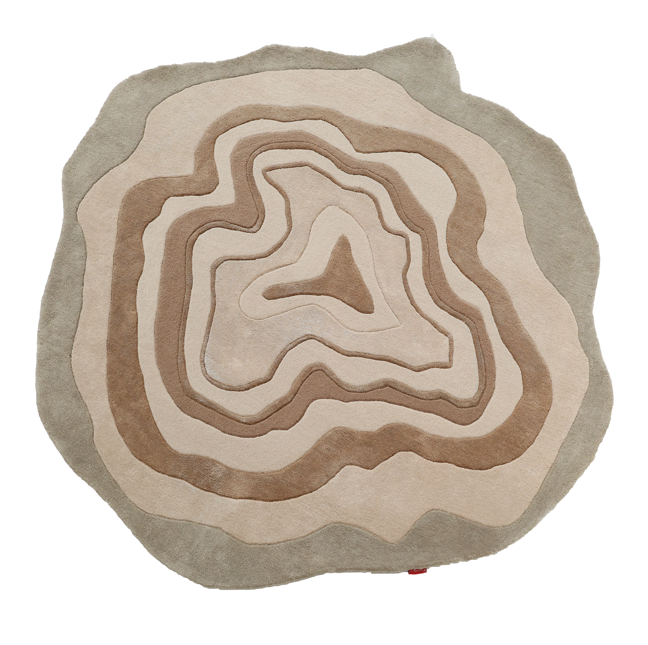 The RAMSHA HOME Designer Freeform Handmade Rug HTWV-200 features layered wavy beige and brown patterns, evoking topographic lines or tree rings—an abstract statement piece ideal for modern interiors.