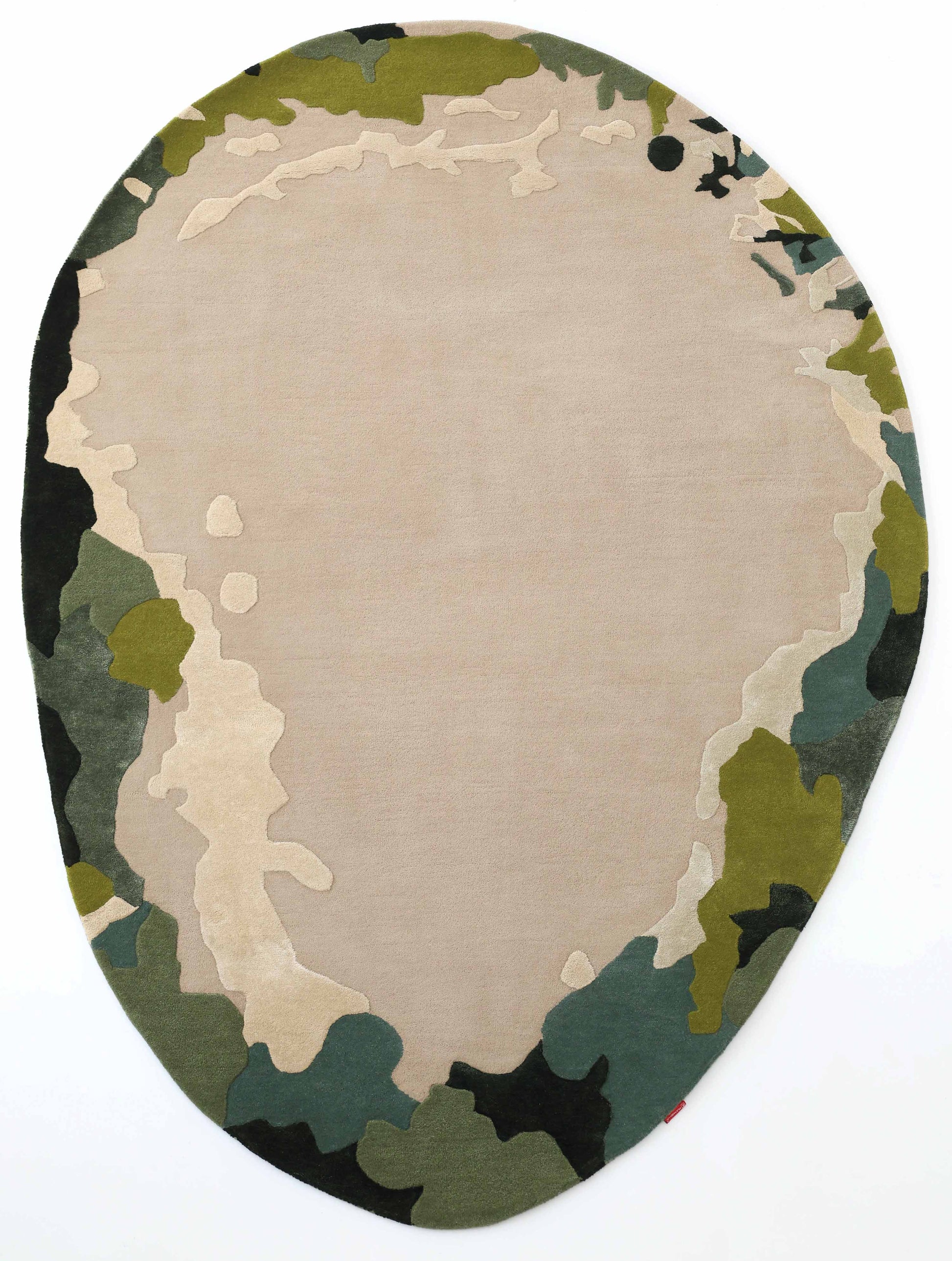 The RAMSHA HOME Terra Eclipse Oval Handmade Rug (HTWV-201) features a beige center with an abstract camouflage border in green, olive, black, and tan. Perfect as an accent rug for a distinctive touch to any space.