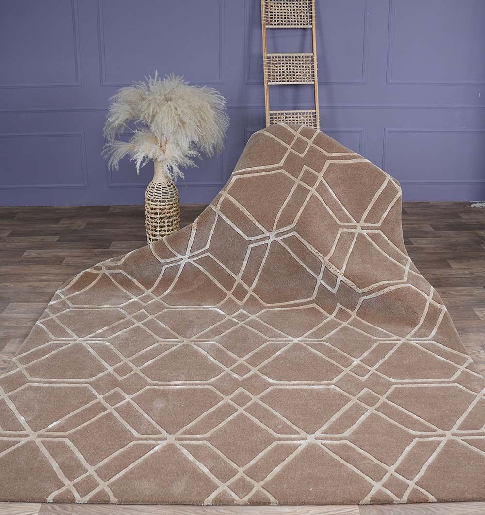 The RAMSHA HOME Stunning Multi Color Hand-Tufted Rug - HTWV 21 (200x300cm) lies on a dark wooden floor, with a tall vase of pampas grass and a wooden ladder set against a purple paneled wall in the background.