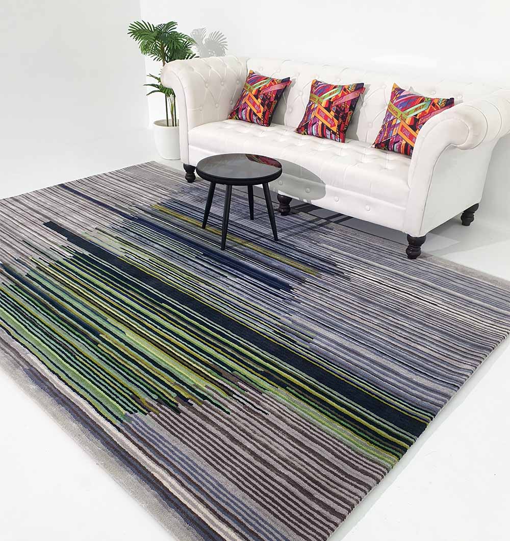 View of the wool blend rug in home decor, providing durable warmth and comfort due to its natural wool surface.