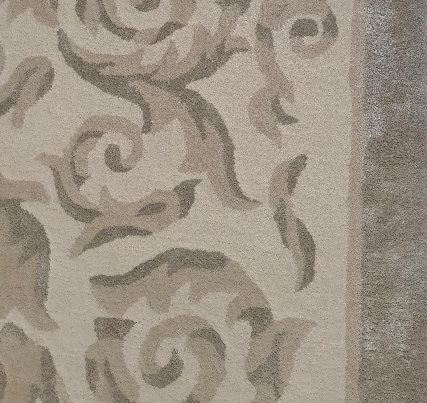 Close-up of the RAMSHA HOME Amazing Multi Color Modern Floor Rug - HTWV 57 (300x400cm), featuring a beige handtufted surface with ornate brown and taupe floral patterns, finished with a solid taupe border on the right.