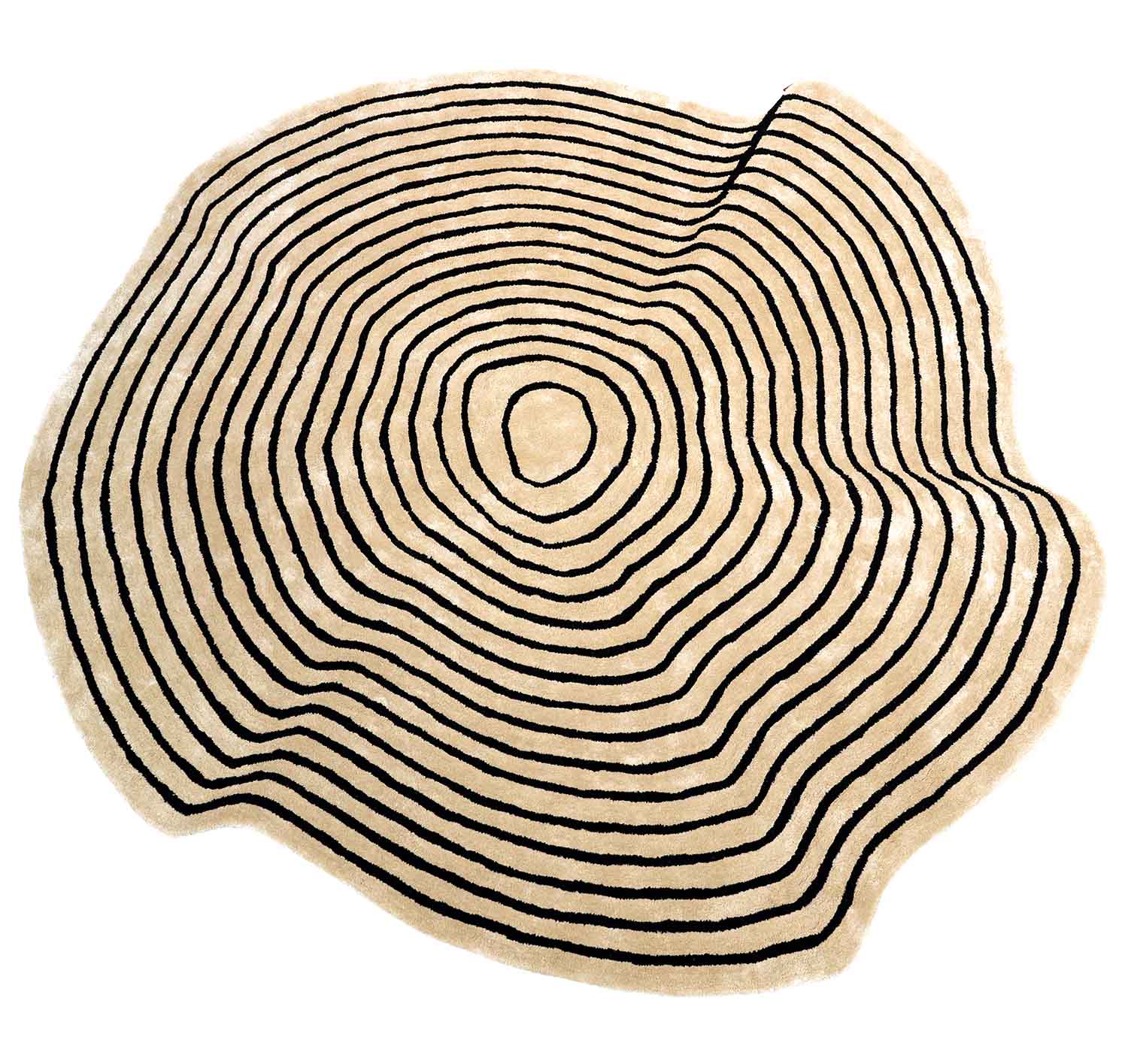 The RAMSHA HOME Round Decorative Area Rug Multi Color HTWV-96 is a beige hand-tufted rug with irregular rounded edges and black concentric lines, evoking tree rings and resembling a wood cross-section.