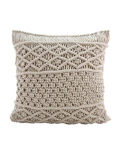 The RAMSHA HOME Woven Macrame Cotton Cushion cs-166-170 features intricate cream geometric patterns on the front and is filled with soft polyester fiber, offering a stylish and comfortable decorative accent.