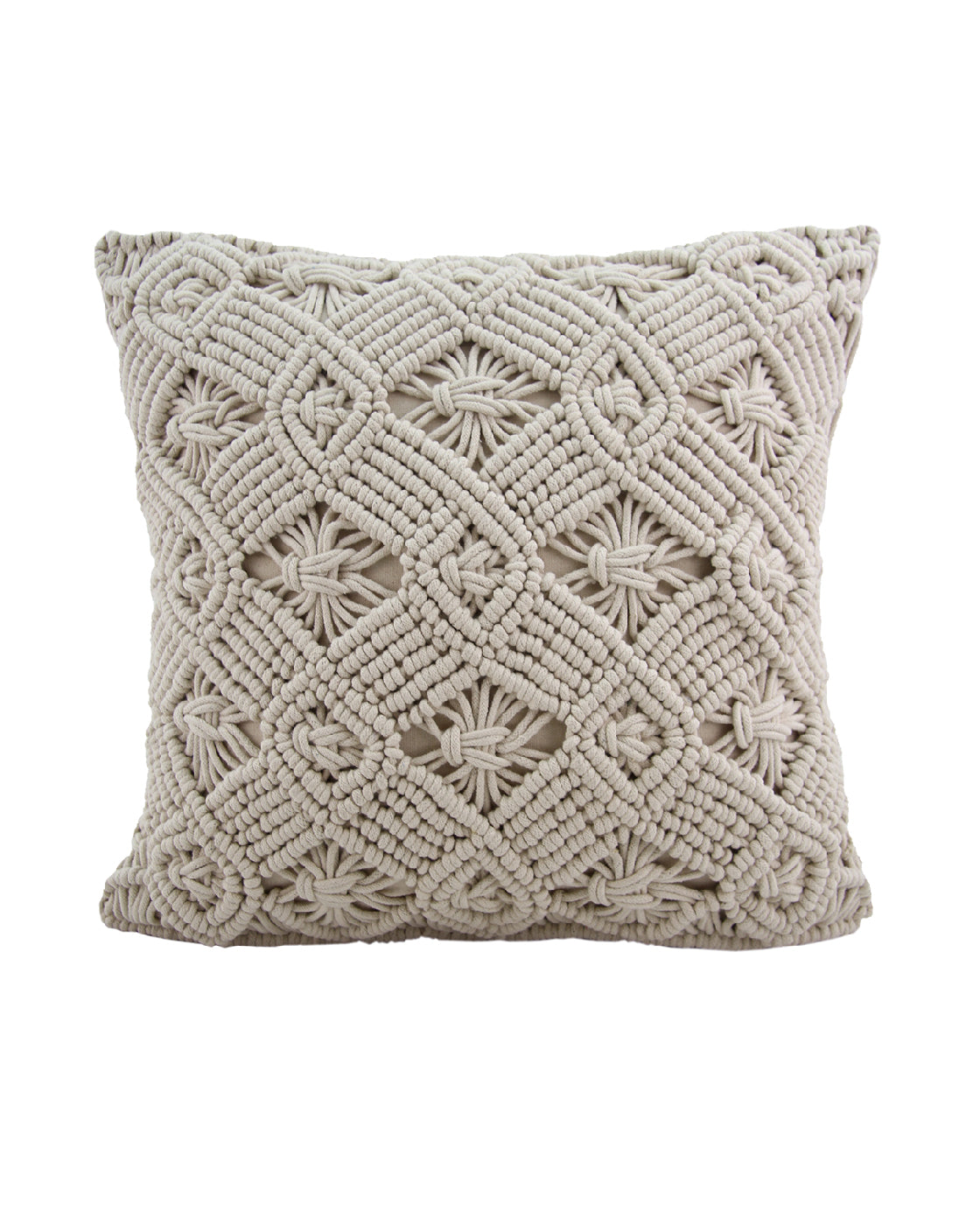 The RAMSHA HOME Woven Macrame Cotton Cushion cs-168 features a beige square design with geometric diamond and floral patterns, crafted from cotton and filled with plush polyester fiber for comfort and luxury.