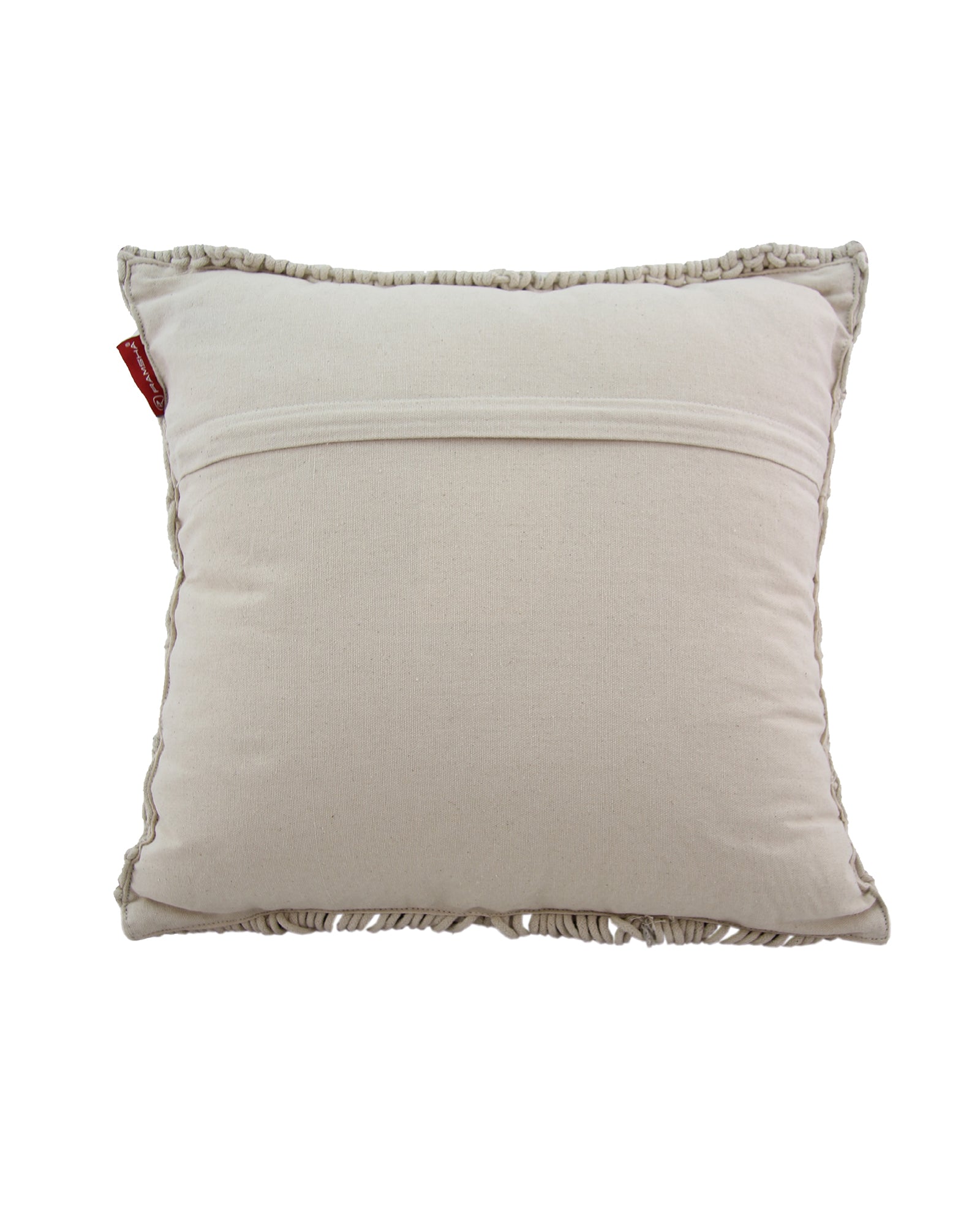 The RAMSHA HOME Macrame Cotton Cushion CS-164 is a square beige cushion with a simple design, ruffled edges, and a horizontal stitched seam on the back. Filled with polyester fiber, it has a small red tag on one side and is shown against a white background.
