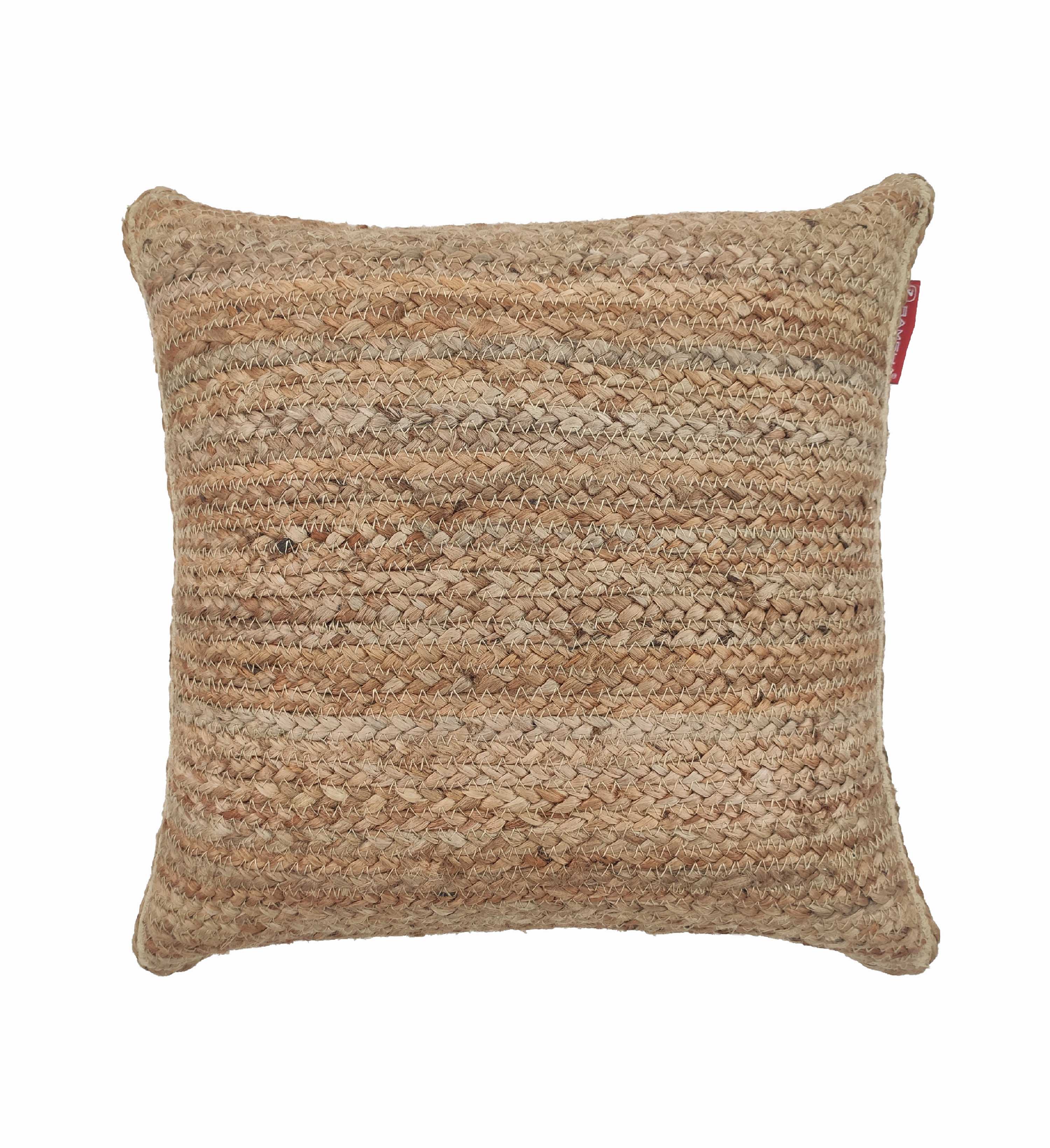 The RAMSHA HOME Natural Jute Cushion CS-134 features a square shape, natural brown braided jute fibers, a textured design, and a small red side tag, all displayed against a white background.