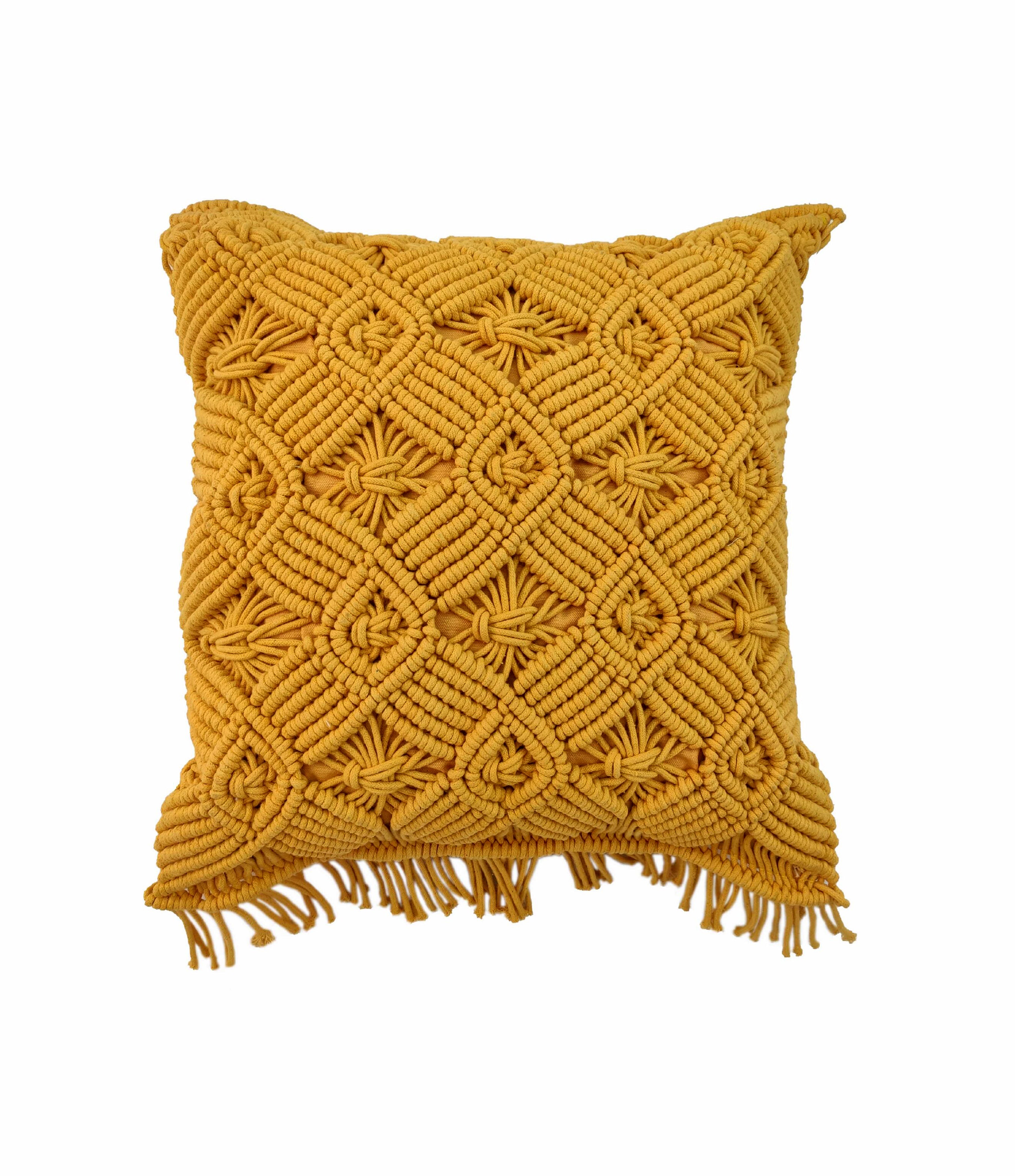 The RAMSHA HOME Macrame Cotton Cushion With Filler is a square yellow decorative cushion featuring a woven diamond pattern and fringe along two edges, shown on a white background.
