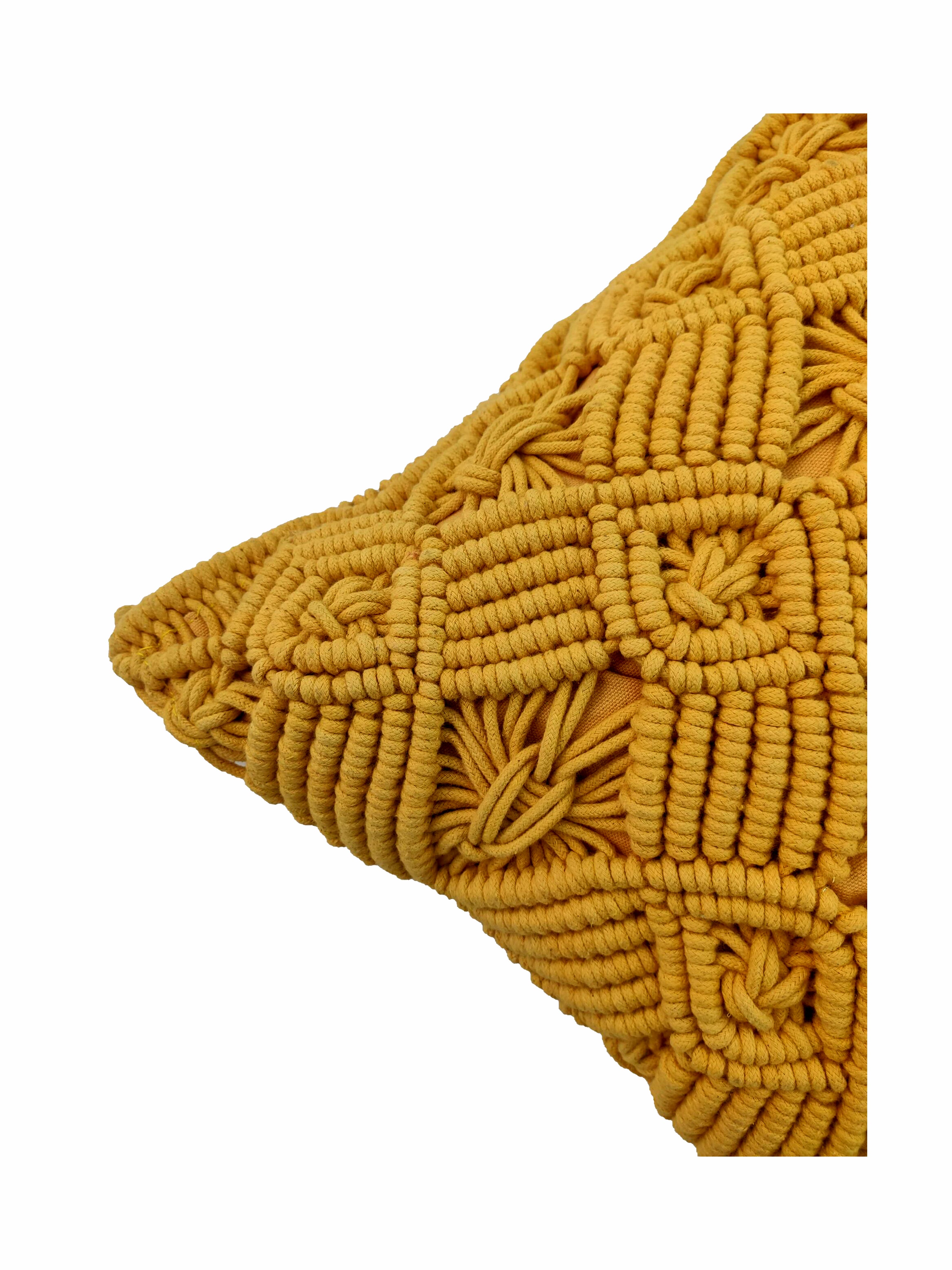 Close-up of a mustard yellow RAMSHA HOME Macrame Cotton Cushion With Filler, showcasing textured, knotted, and woven square and circular patterns. The decorative cushion is set against a plain white background.