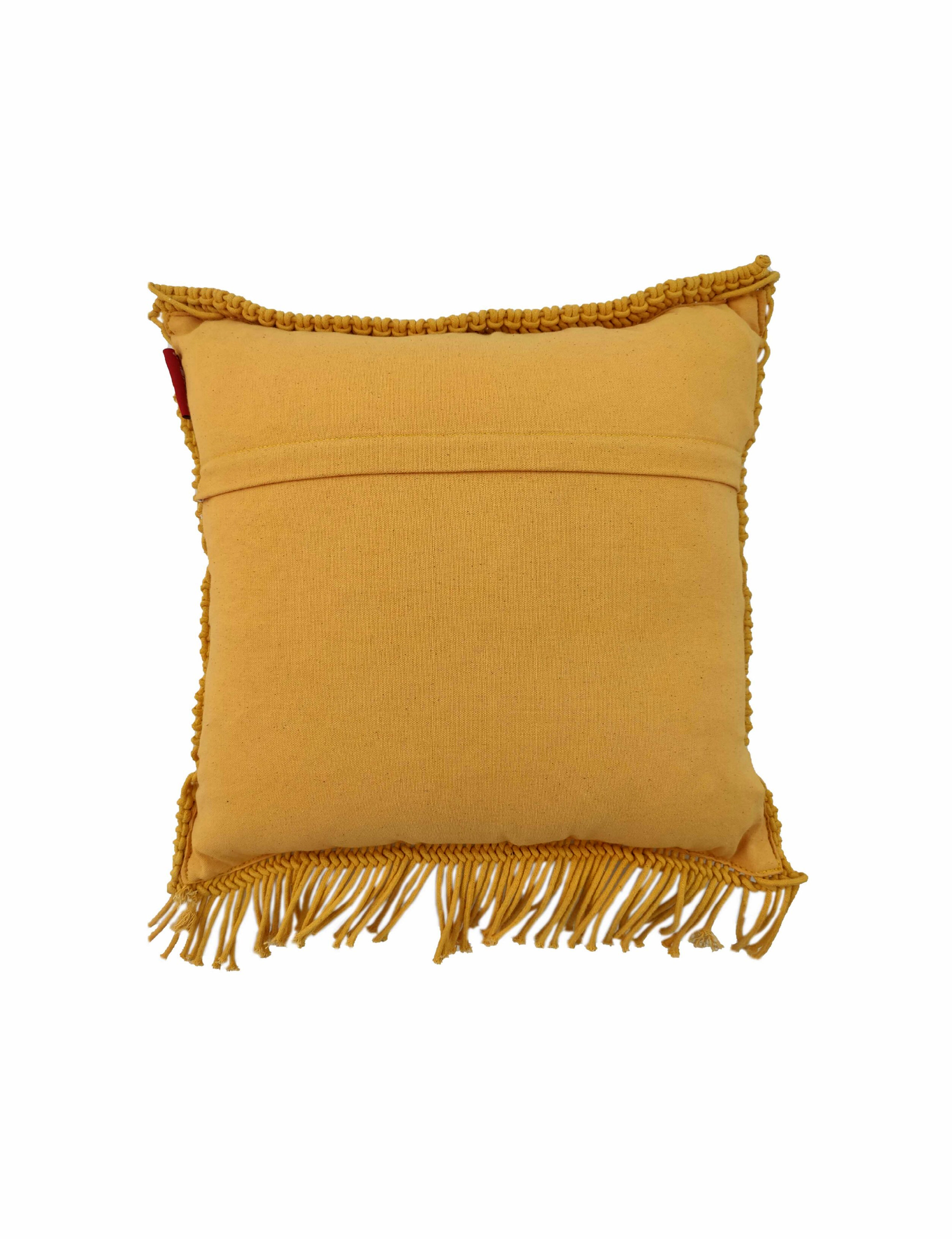 The RAMSHA HOME Macrame Cotton Cushion With Filler features a square yellow design with textured fabric and fringe trim, adding charm and style to any space. Photographed against a white background.