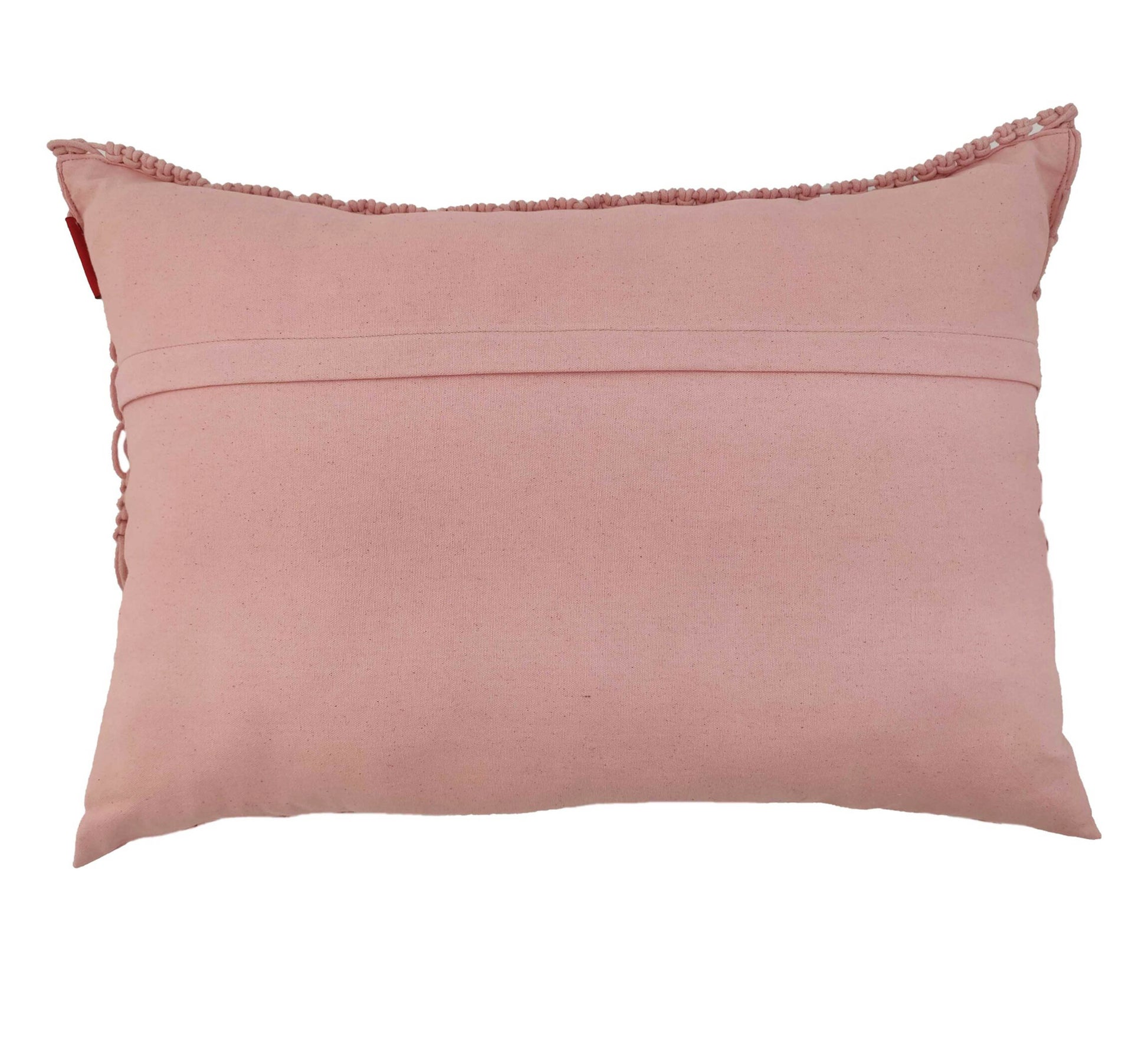 The RAMSHA HOME Macrame Cotton Cushion With Filler is a rectangular, light pink cushion featuring a plain back, horizontal stitched band, and delicate ruffled trim on top—ideal for adding charm to your home decor. Shown against a white background.