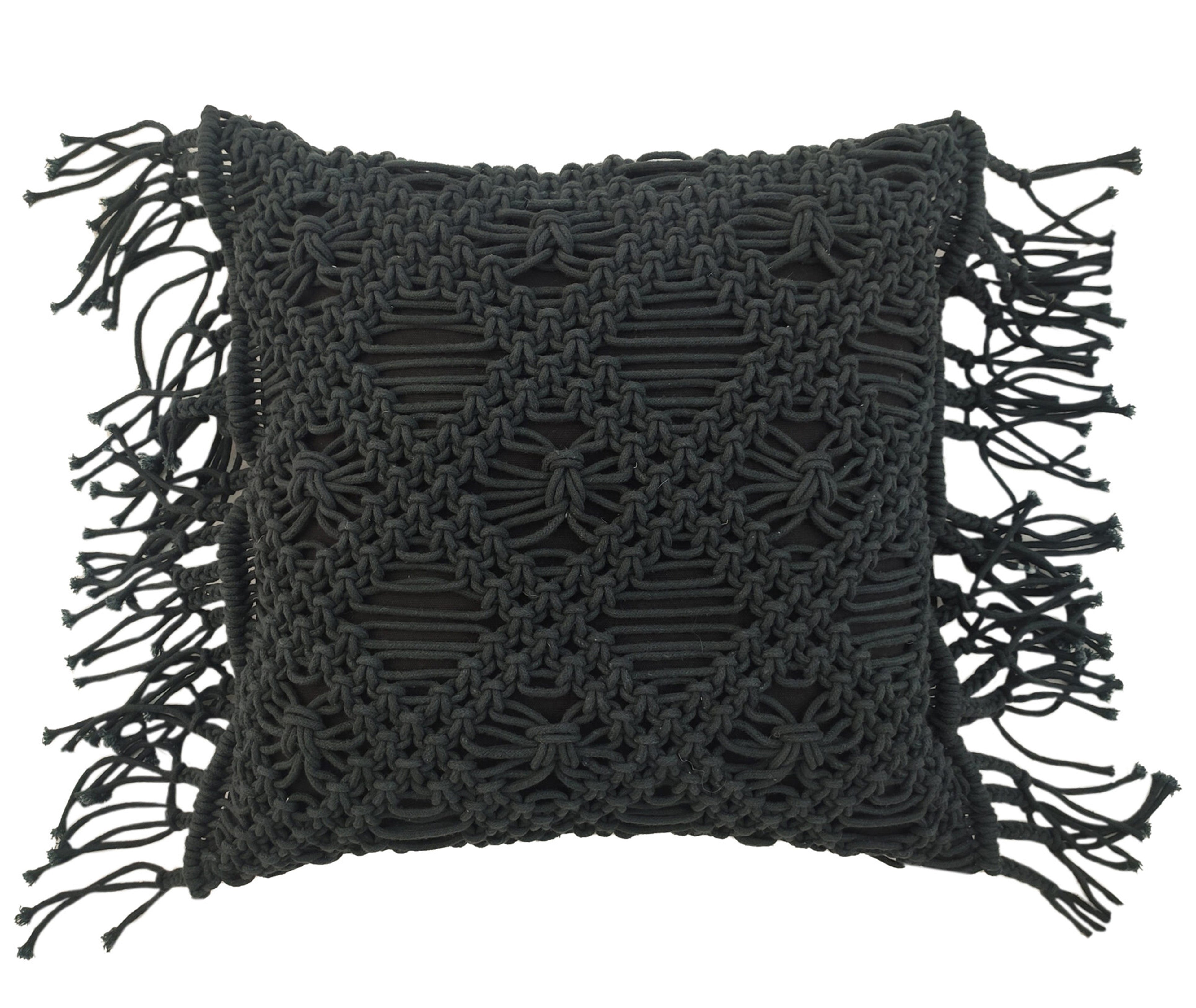 The RAMSHA HOME Macrame Cotton Cushion With Filler features a square black, textured diamond design and fringed tassels, offering a handmade bohemian or rustic accent for your space.