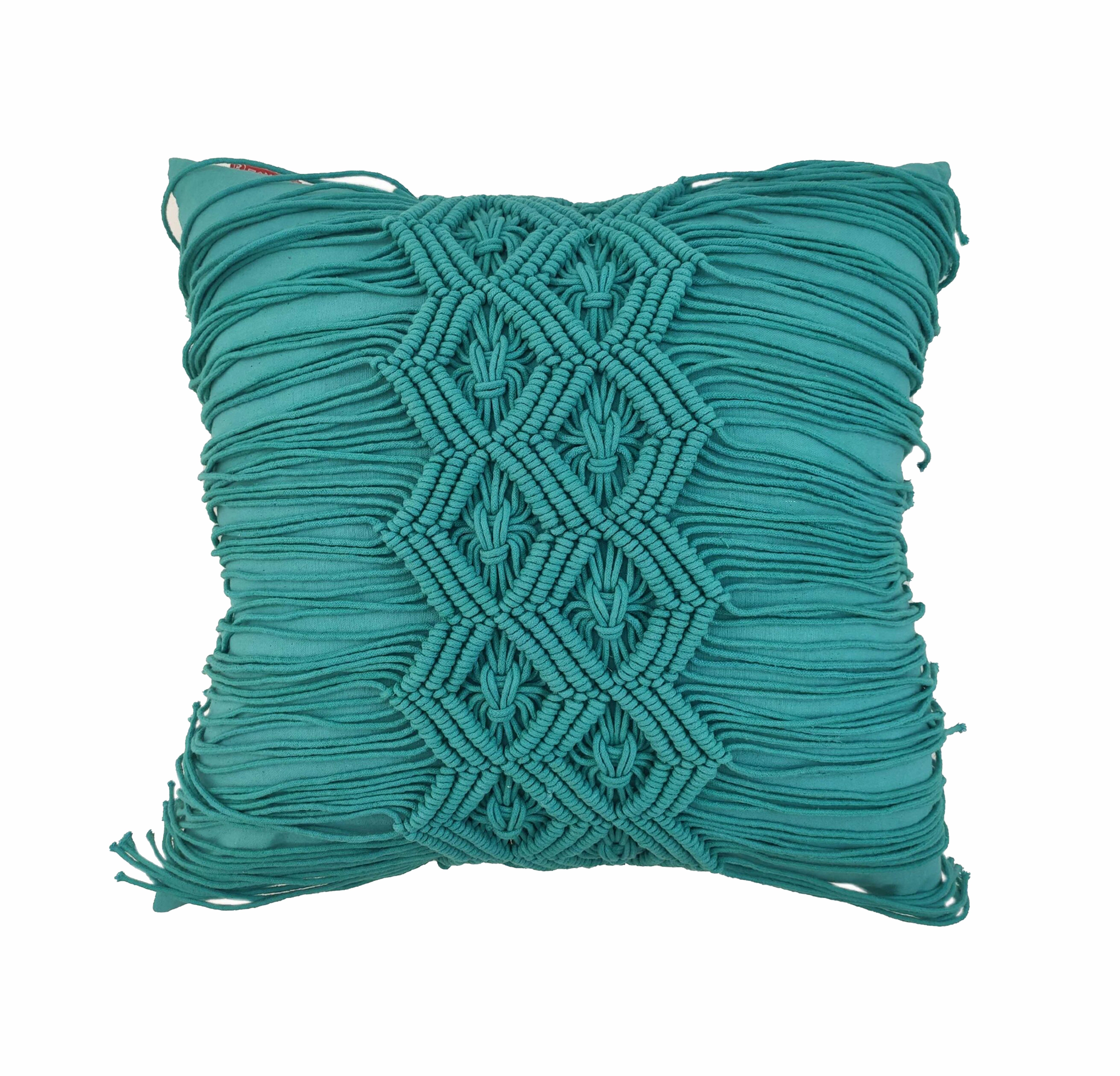 The RAMSHA HOME Macrame Cotton Cushion With Filler features intricate macramé knotting, fringe details, and a central geometric pattern—a stylish accent to enhance your home decor.