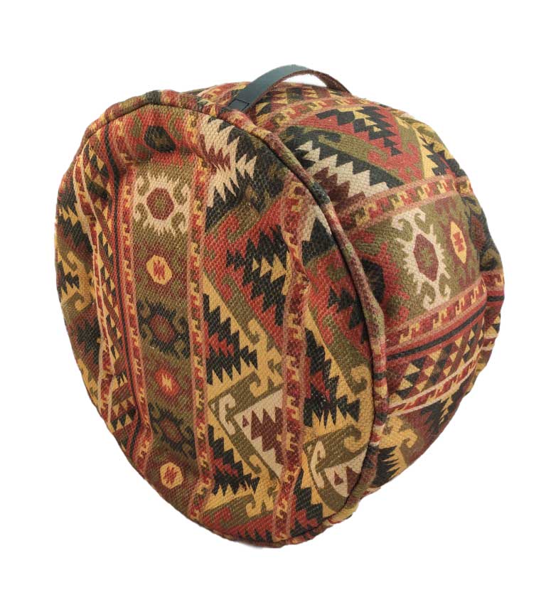 The RAMSHA HOME Printed Multi Color Pouf With Leather Handle PF-033 is a round fabric pouf with vibrant geometric patterns and a leather top handle—ideal as unique home decor.