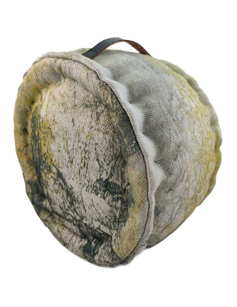 The RAMSHA HOME Printed Multi Color Pouf features a textured, marbled green, gray, and yellow polyester fabric and a leather handle on top.