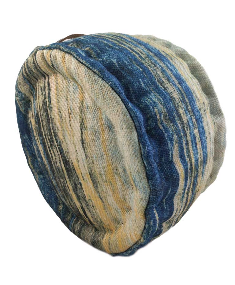 The RAMSHA HOME Printed Multi Color Pouf With Leather Handle is a round, fabric-covered polyester ottoman with a blue, beige, and green marbled pattern and visible edge stitching—a stylish accent for any space.