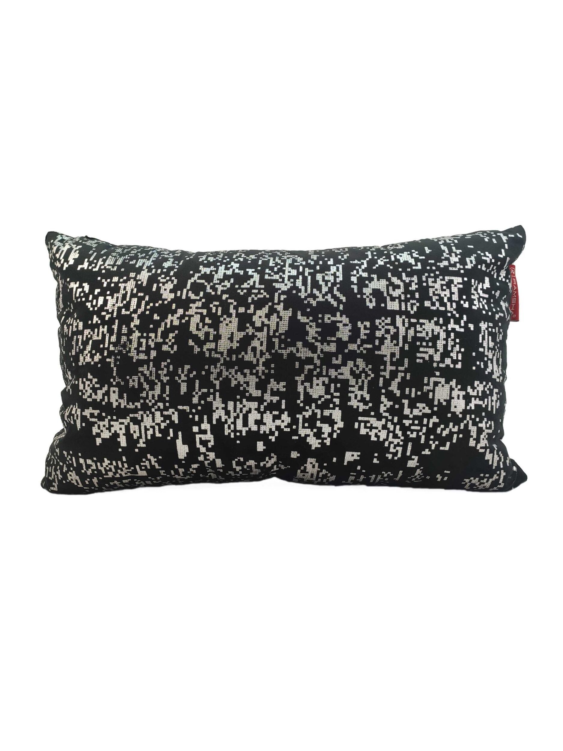 The RAMSHA HOME Decorative Black Color Cushion CS-095 features a white pixelated pattern, a filled insert, and a small red tag—perfect for adding modern flair to any space.