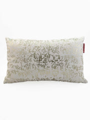 RAMSHA HOME White Cushion CS-097 features a rectangular shape with a white base and metallic gold geometric patterns, shown on a plain white background. A red tag is attached to one of the cushion's shorter edges.