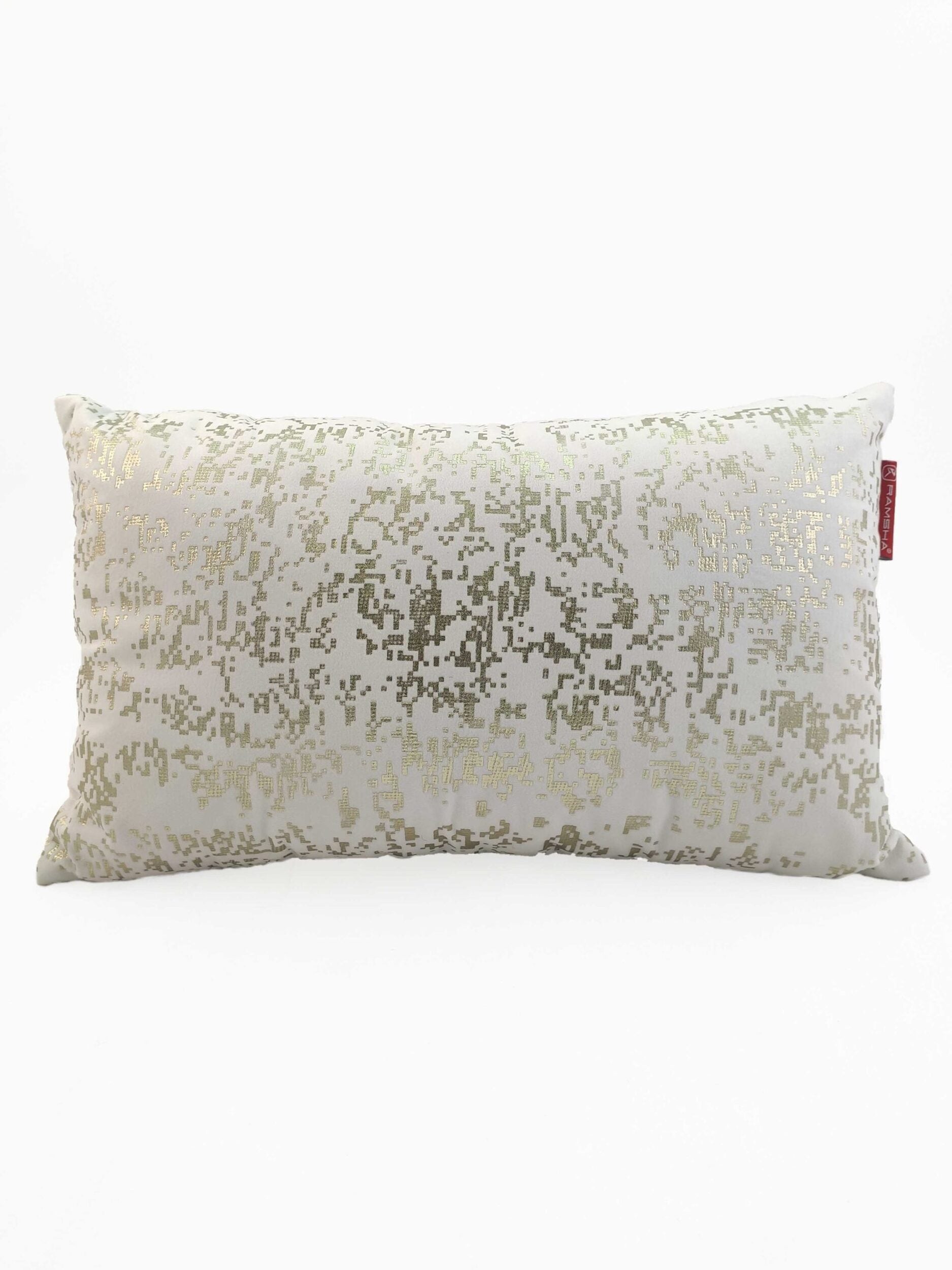RAMSHA HOME White Cushion CS-097 features a rectangular shape with a white base and metallic gold geometric patterns, shown on a plain white background. A red tag is attached to one of the cushion's shorter edges.