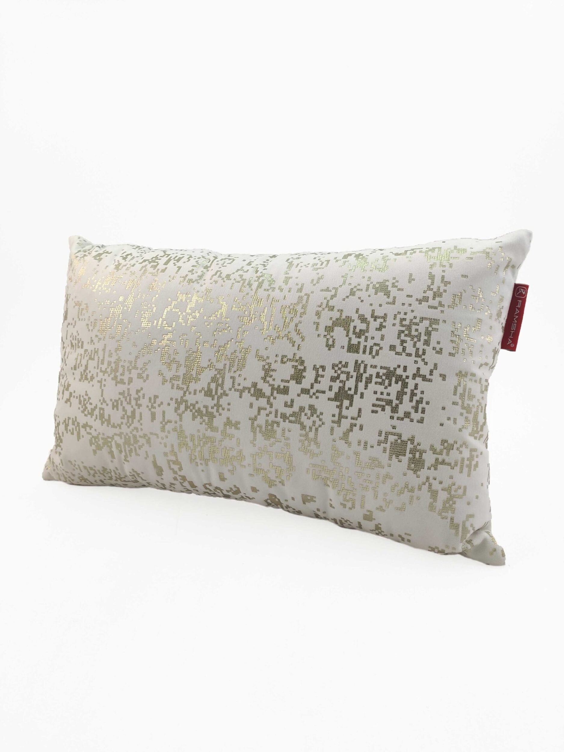 The RAMSHA HOME White Cushion CS-097 is a rectangular cushion with a shiny gold pixelated design, high-density filling for comfort, and a red fabric side tag, shown on a plain white background.