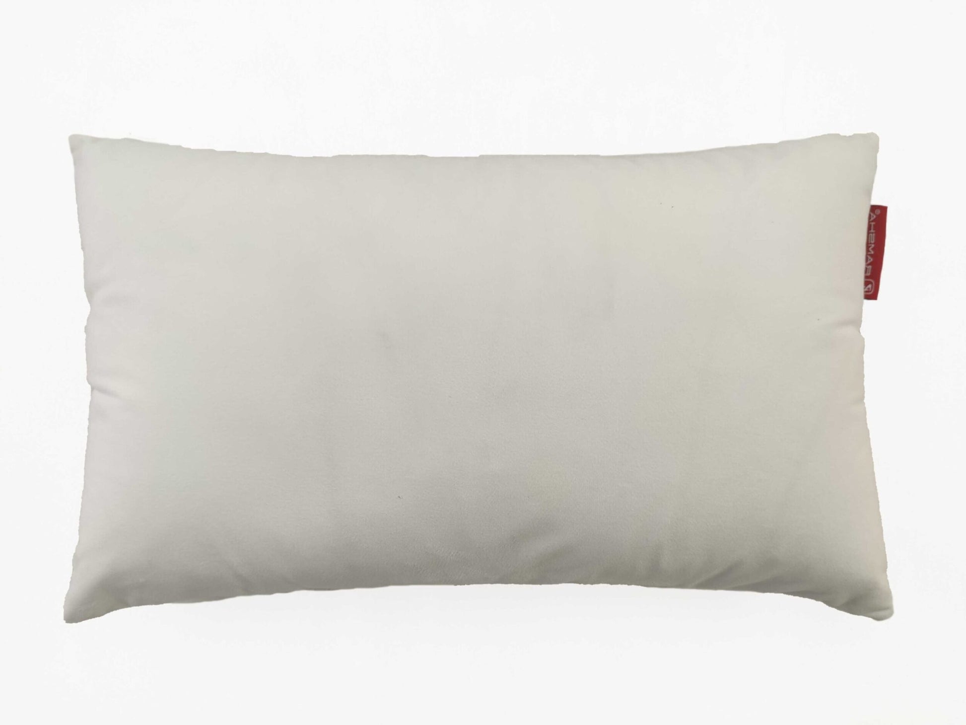 The RAMSHA HOME White Cushion CS-097 is a rectangular cushion with a plain white surface, high-density filler, and a small red fabric tag on one side, shown against a white background.