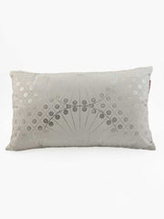 The RAMSHA HOME Decor Polyester Cushion is rectangular and light grey, featuring a symmetrical metallic silver floral pattern with dotted lines—an elegant accent for any stylish home.