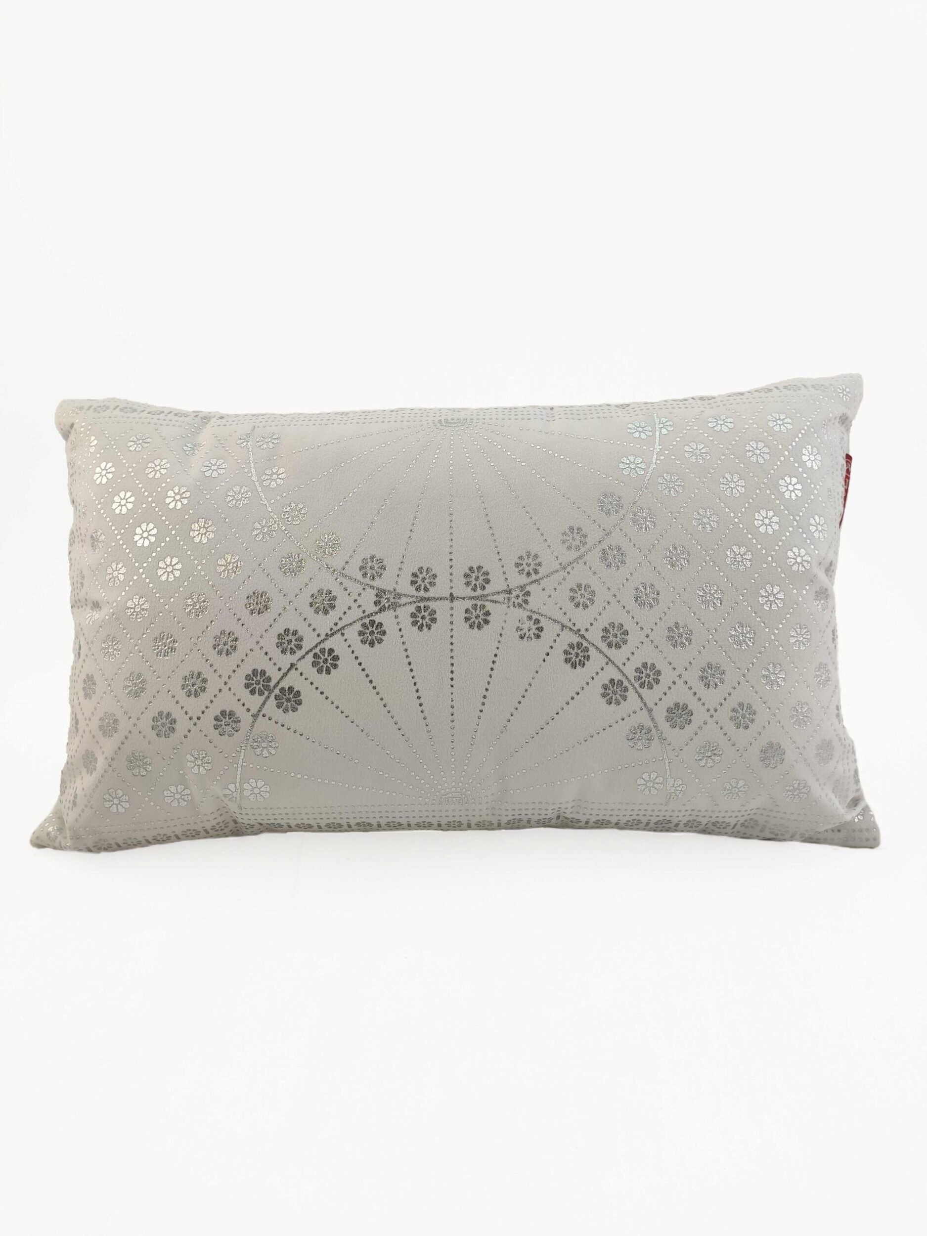 The RAMSHA HOME Decor Polyester Cushion is rectangular and light grey, featuring a symmetrical metallic silver floral pattern with dotted lines—an elegant accent for any stylish home.