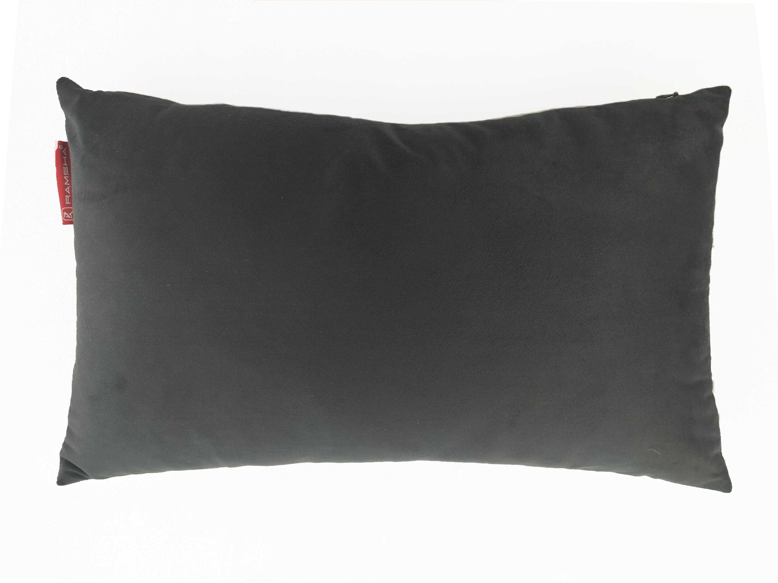 The RAMSHA HOME Black Cushion With Filler CS-094 is displayed against a white background. This rectangular, soft-textured cushion features a small red tag on the left side, making it ideal for home decor.