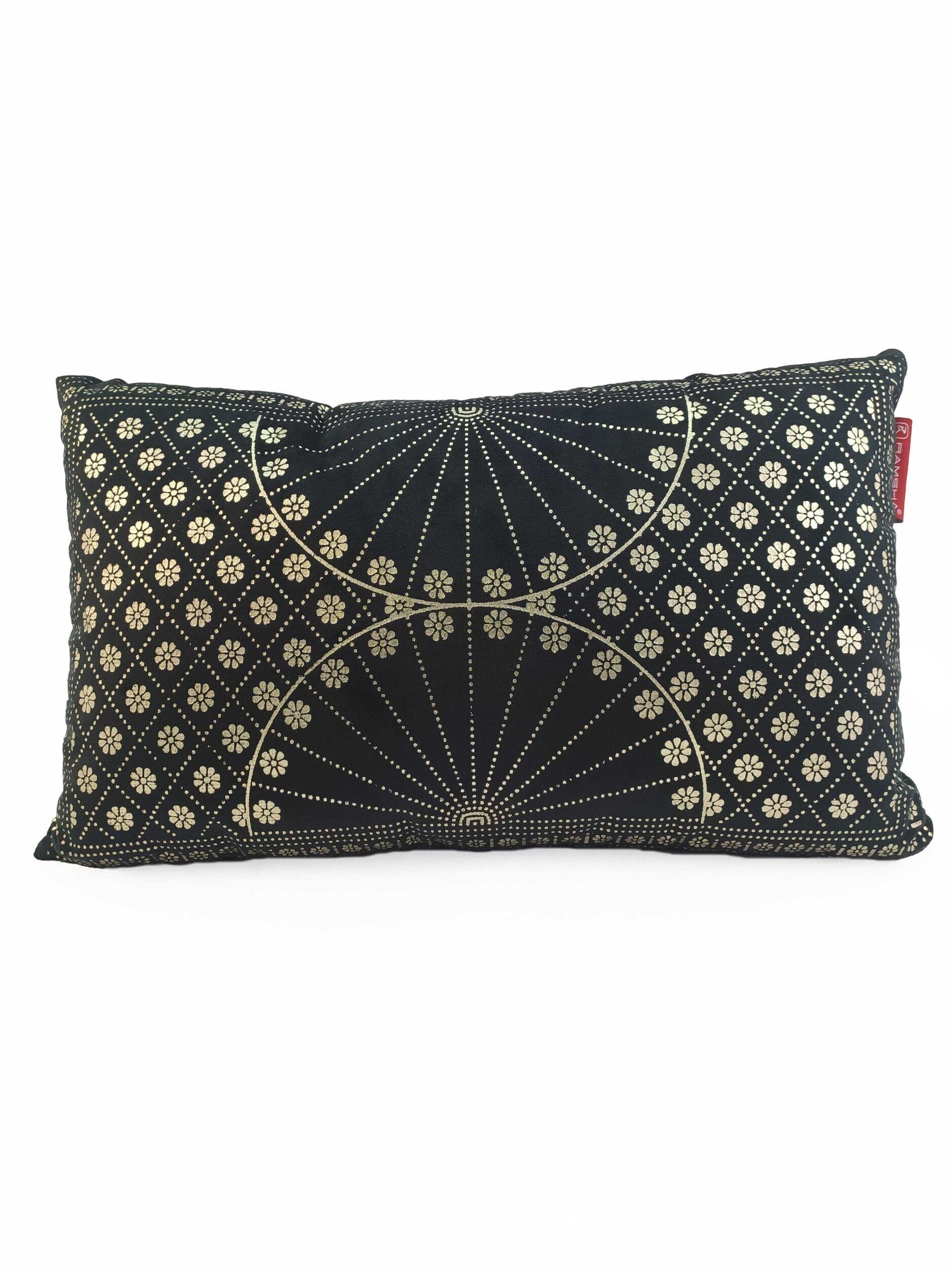The RAMSHA HOME Decor Polyester Cushion is a rectangular black cushion with filler, showcasing gold geometric and floral fan patterns—an elegant touch for your home decor.