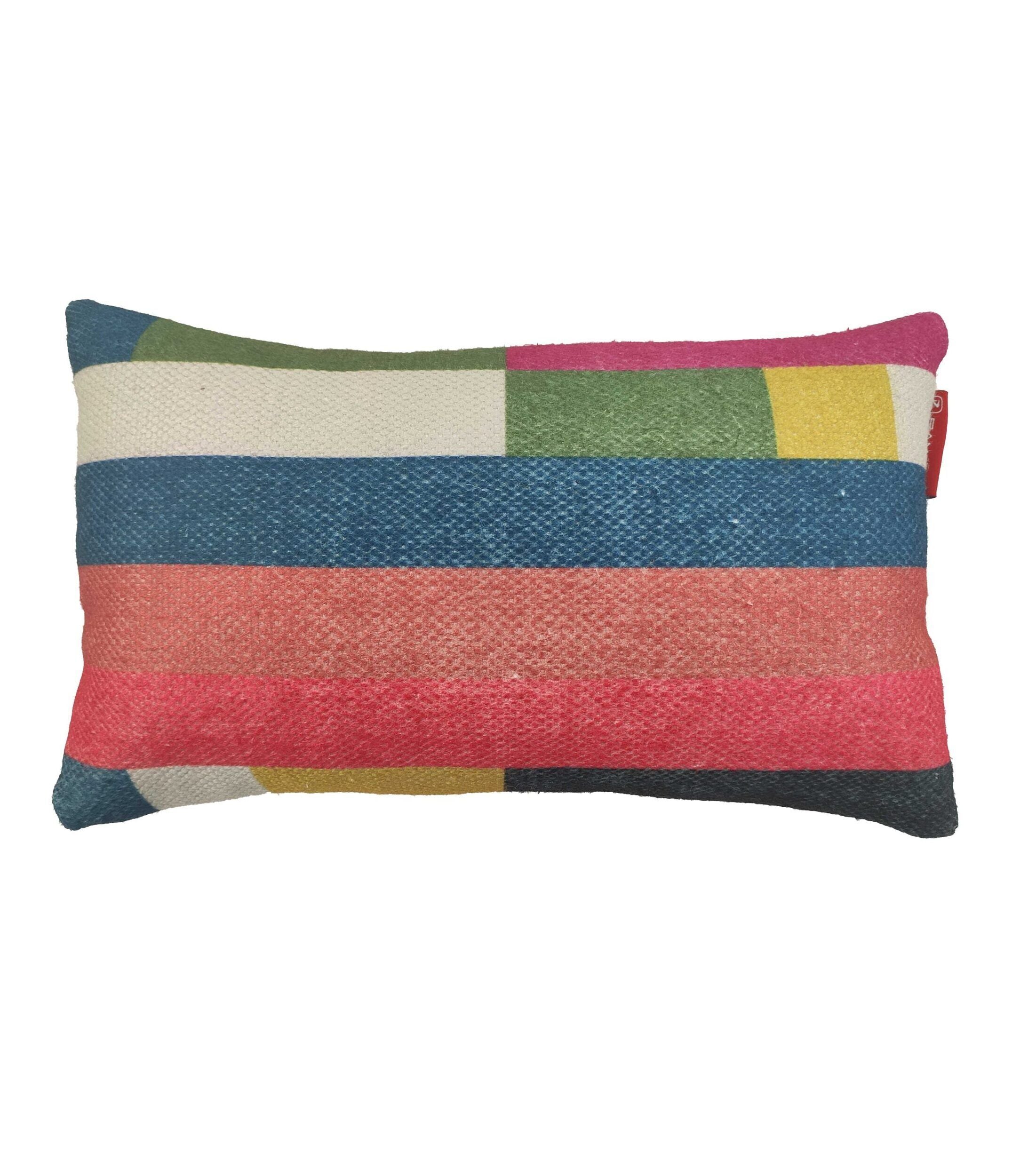 The RAMSHA HOME Decorative Cushion With Filler CS-071 features a woven texture with horizontal stripes in green, white, pink, yellow, blue, red, and black for a colorful modern look. Includes filler for added comfort and style.