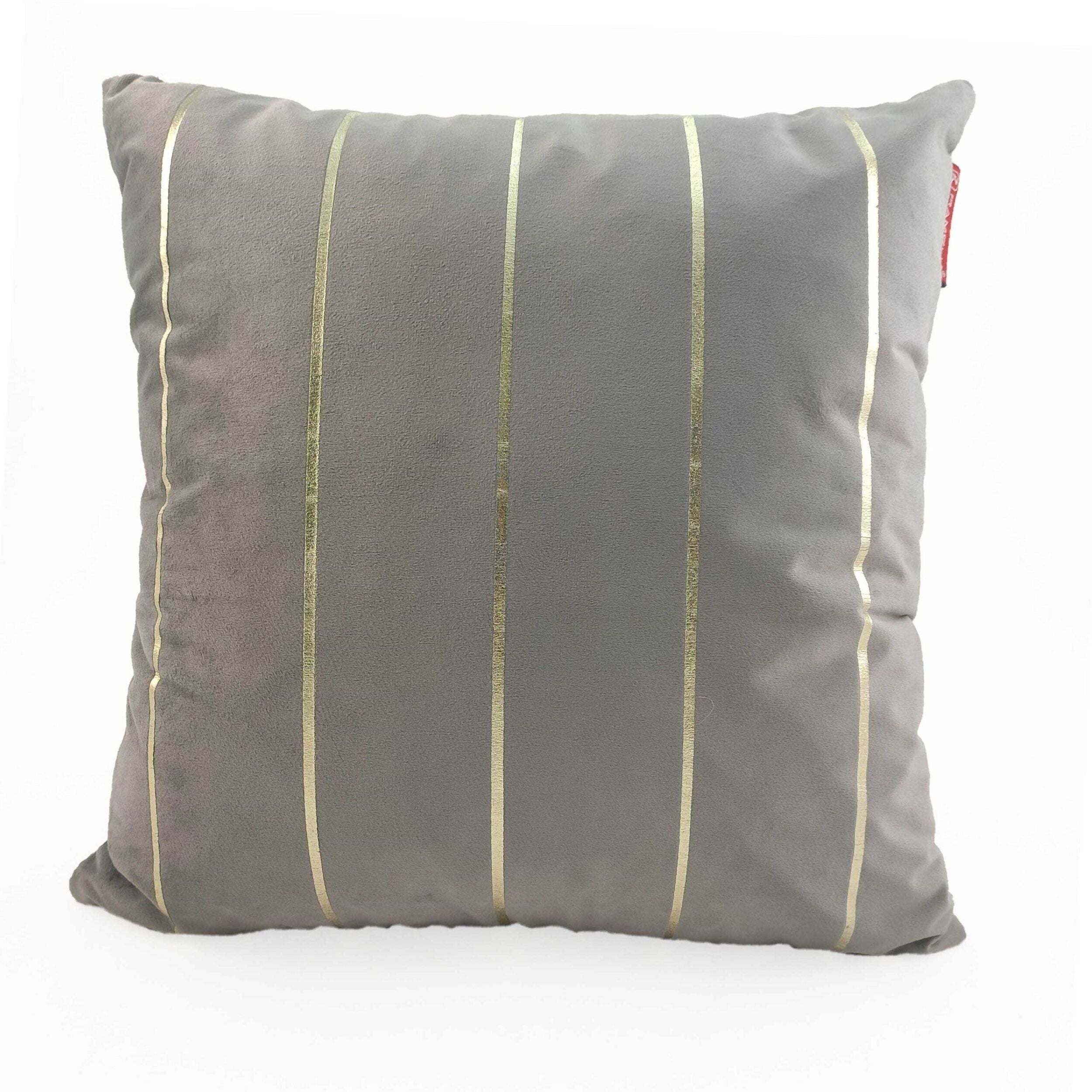 The RAMSHA HOME 100% Polyester Cushion Cover CS-099 is a square gray throw pillow with four evenly spaced vertical gold stripes, a soft, wrinkle-resistant texture, and durable polyester fabric, displayed against a white background.
