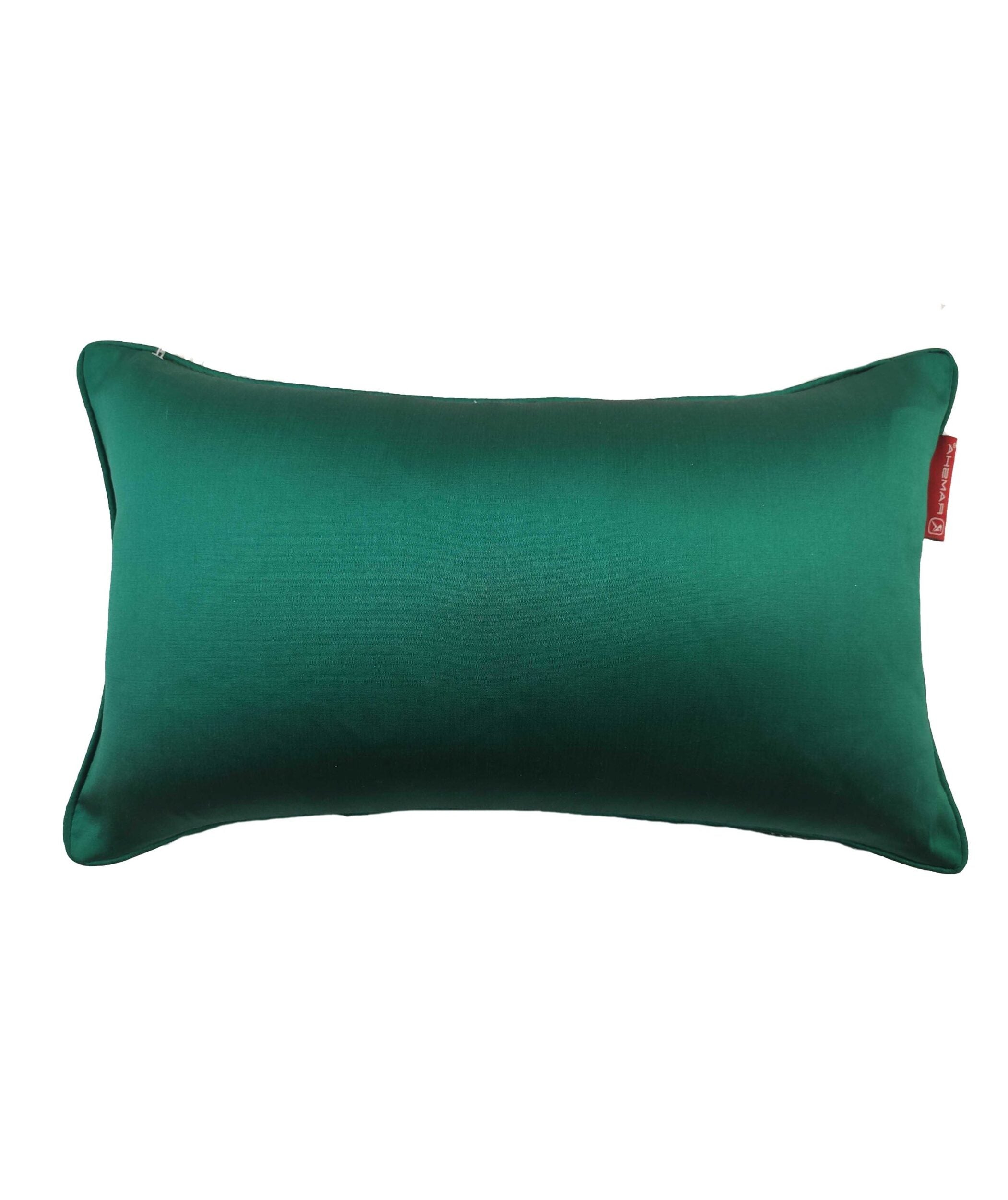The RAMSHA HOME Polyester Sequence Cushion With Filler features a rectangular green design, smooth fabric texture, small red tag on the right edge, and provides comfortable support. Displayed against a white background.