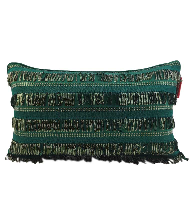 The RAMSHA HOME Polyester Sequence Cushion With Filler is a rectangular green cushion featuring horizontal fringed stripes, small bead-like accents, and provides comfortable support with a stylish textured pattern.