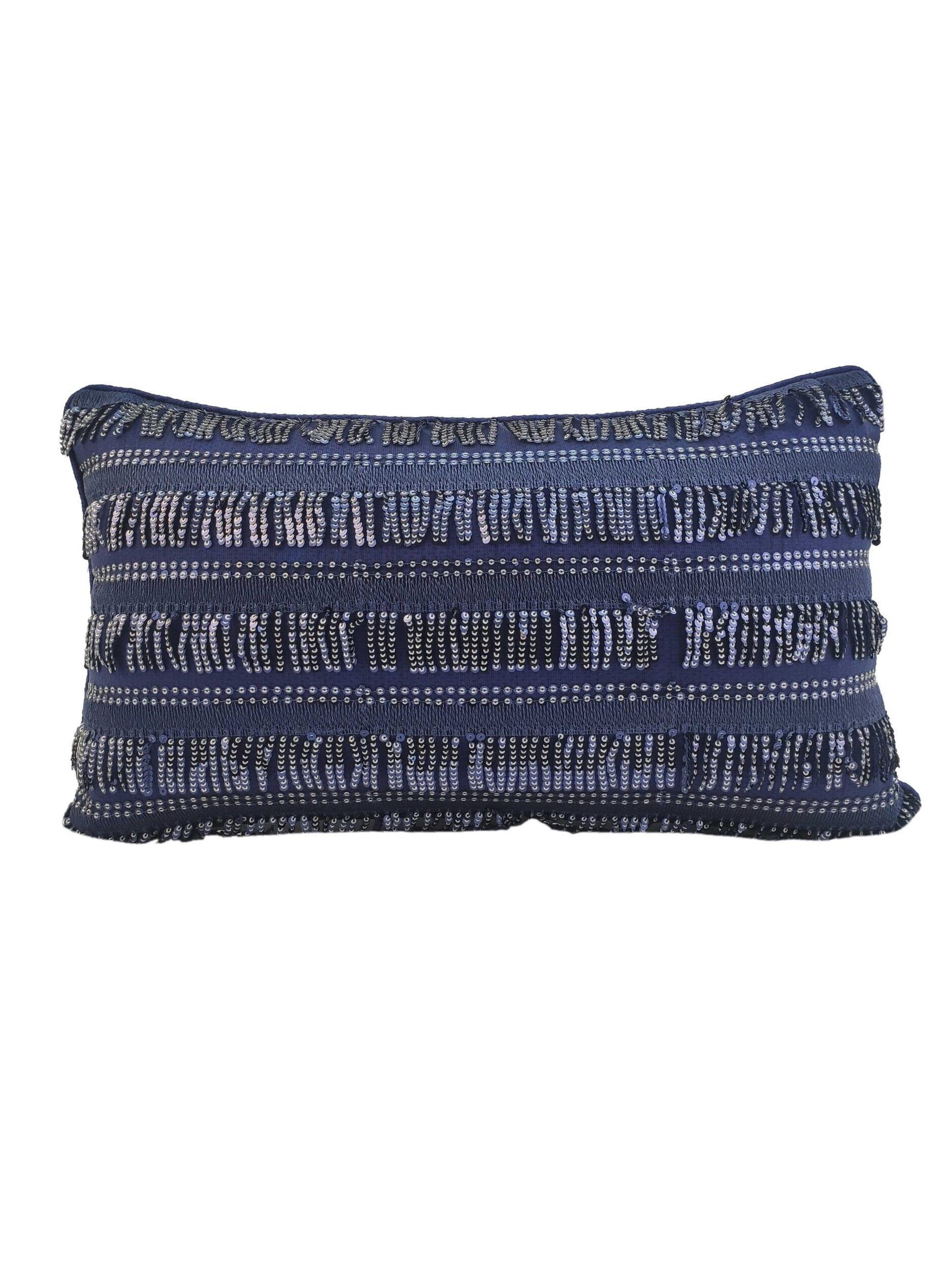 The RAMSHA HOME Polyester Sequence Cushion With Filler features a rectangular navy blue design, textured horizontal fringe rows, and small white stitched accents for a decorative look and comfortable support.