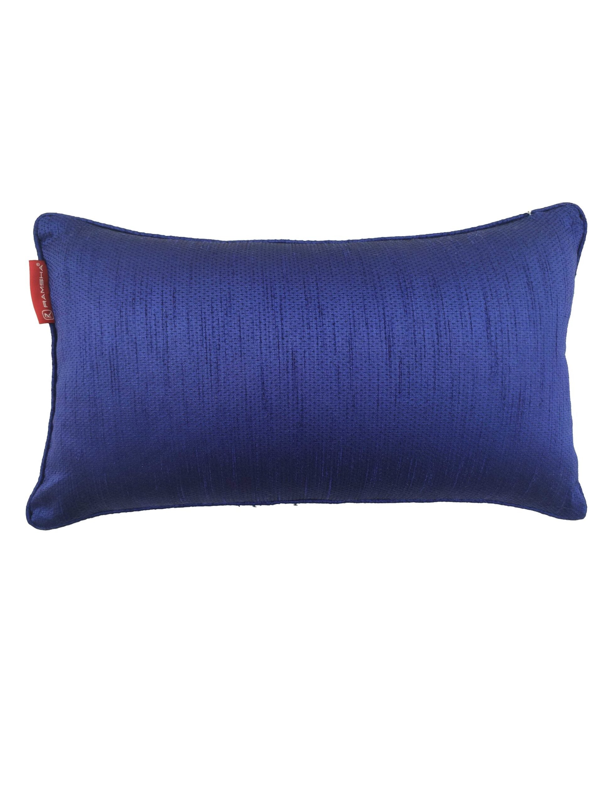 The RAMSHA HOME Polyester Sequence Cushion With Filler features a rectangular shape, deep blue smooth polyester fabric, comfortable support, and a small red tag on the side.