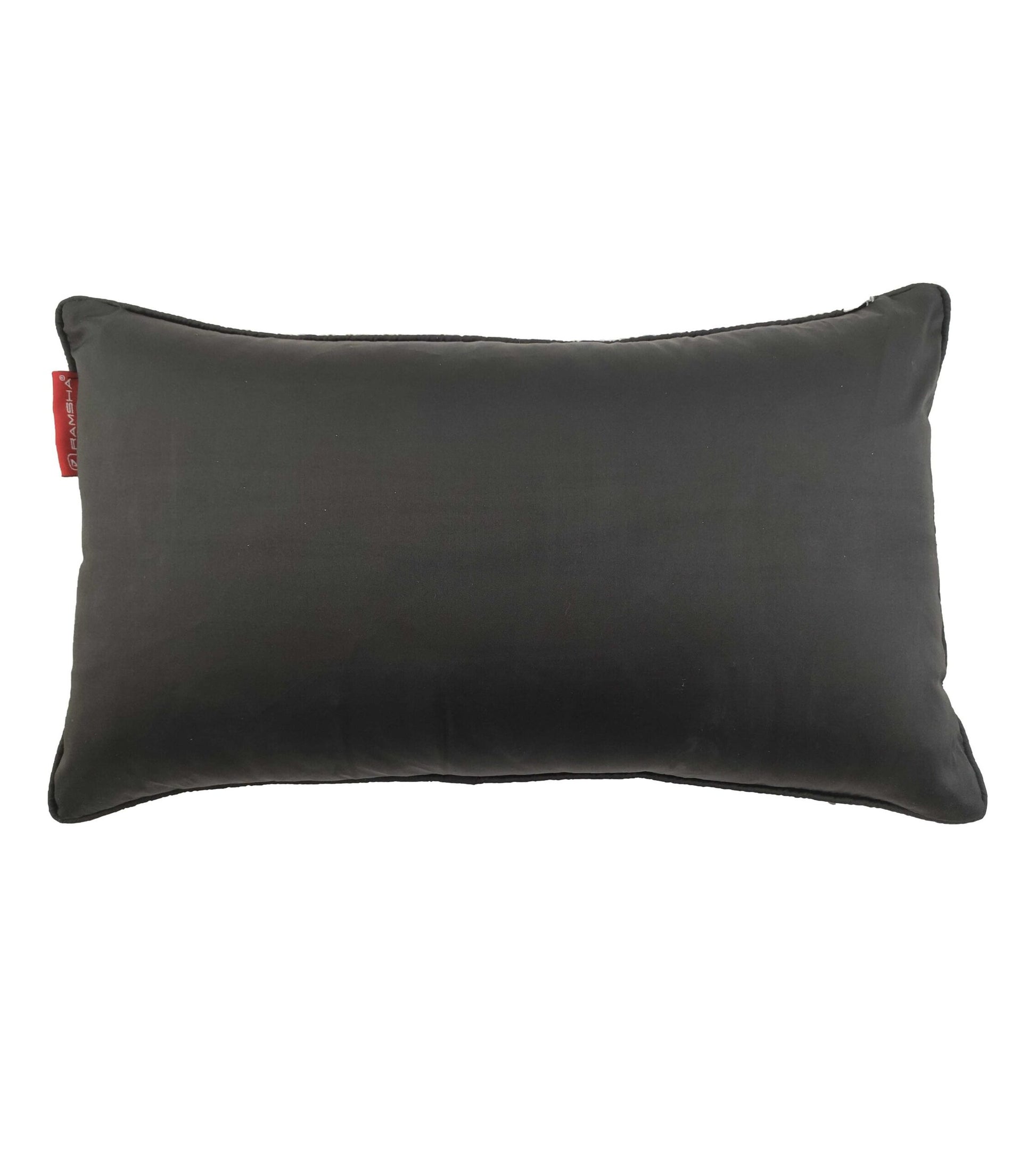 The RAMSHA HOME Polyester Sequence Cushion With Filler is a rectangular black pillow made of smooth polyester sequence fabric, featuring a durable cushion and a small red tag on the left edge, shown on a white background.