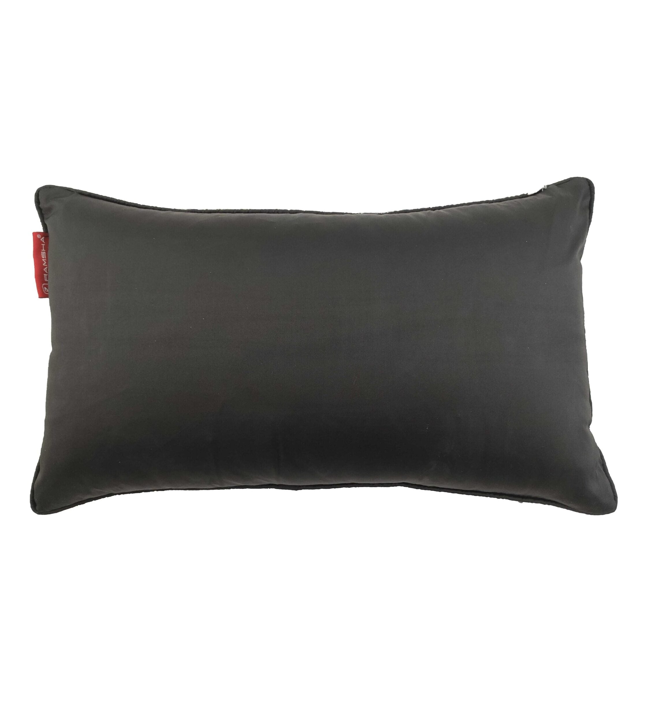 The RAMSHA HOME Polyester Cushion With Filler is a rectangular black cushion with a smooth surface and a small red tag on the left side, providing comfortable seating, shown against a plain white background.