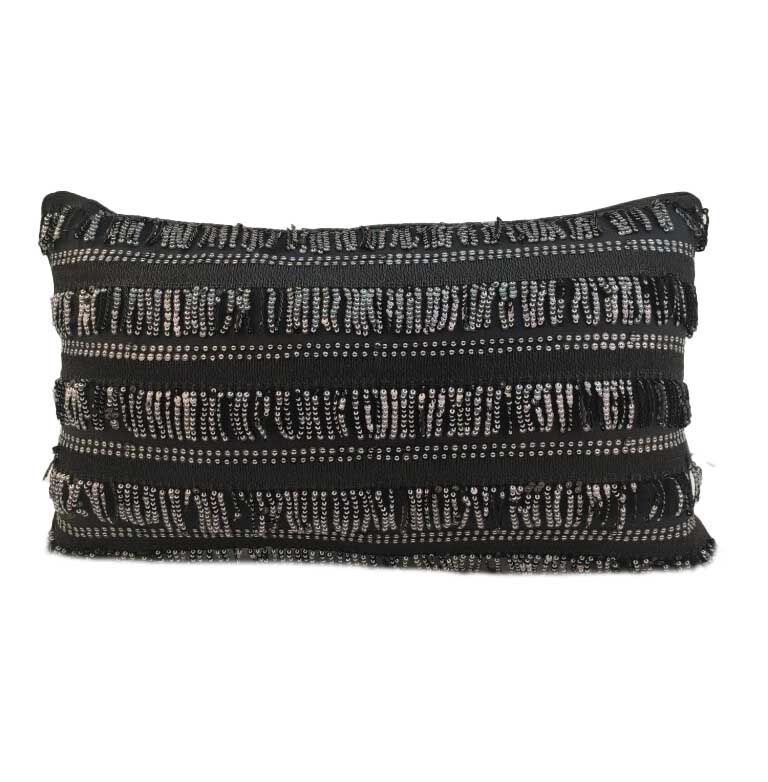 The RAMSHA HOME Polyester Sequence Cushion With Filler is a rectangular black pillow with comfortable support, featuring textured fringes and silver bead accents for a stylish, decorative look.